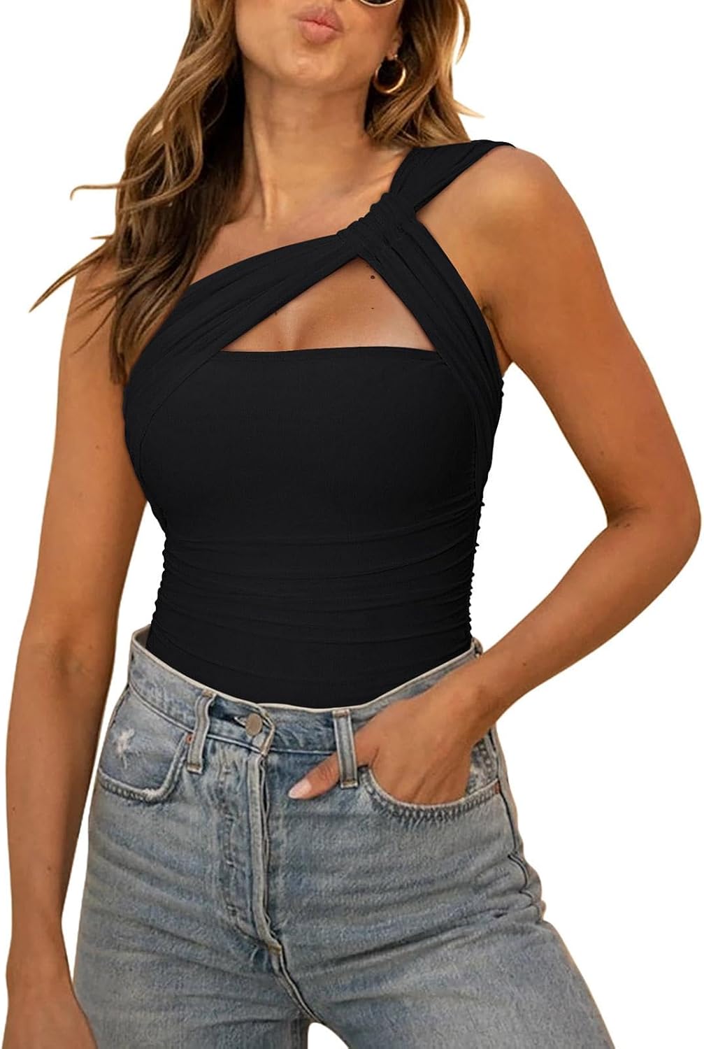 REORIA Womens Sexy One Shoulder Asymmetrical Leopard Mesh Ruched Backless Bodysuit