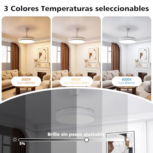 Detalle de NIORSUN Ventilador de techo con luz 42" (106 cm) con aspas retráctiles, 3 tonalidades de luz, control por APP y mando, 6 velocidades
