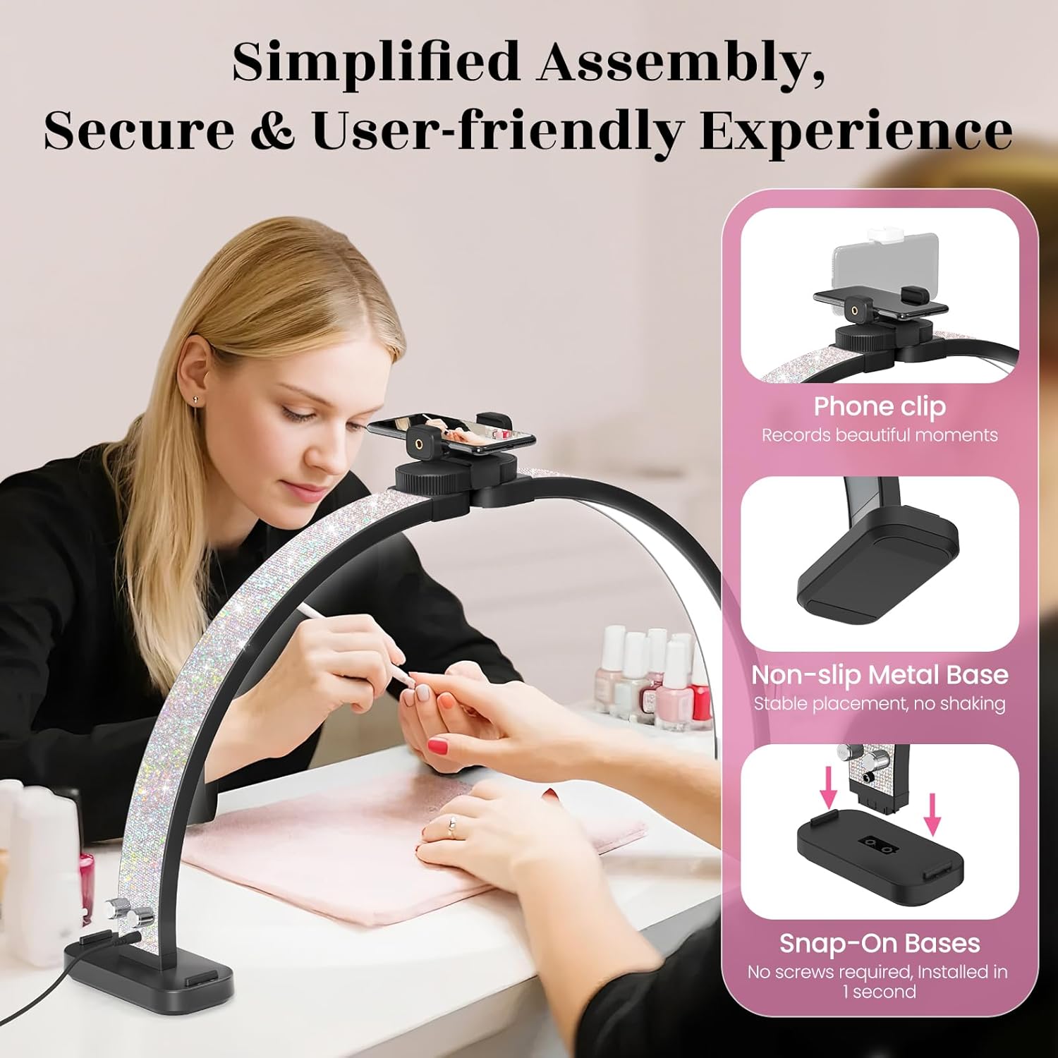 Detalle de Half Moon Light for Nail Desk: 30" Arch Light with Phone Holder, 3 Colour Modes & 10 Brightness Levels