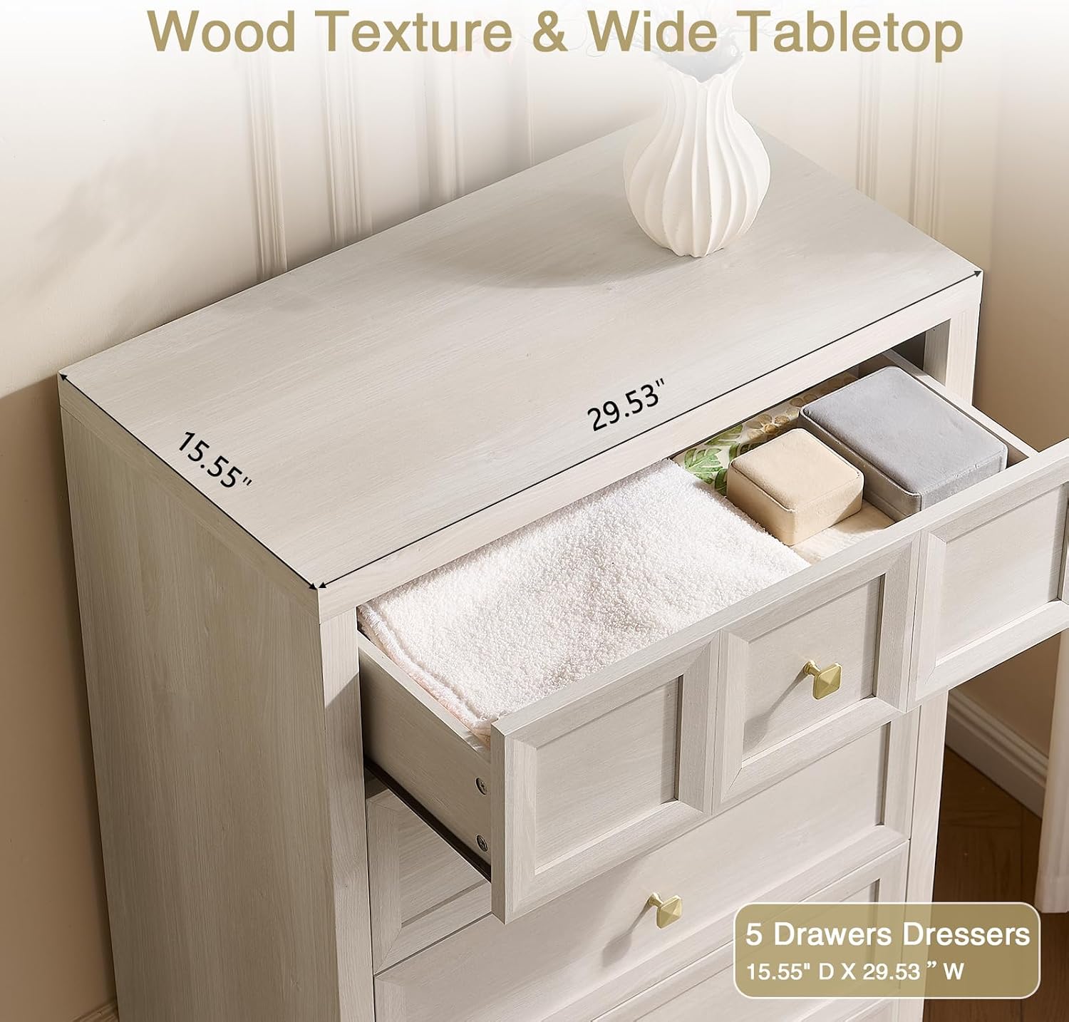 Detalle 2 de Yikingbay YBKDG002 5-Drawer Dresser, Gray-White Textured Finish