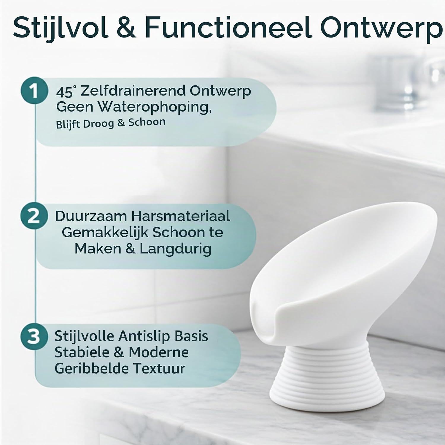 Detalle 2 de Blissilk ZH0613 bladvormige zeephouder van hars met afvoer, wit