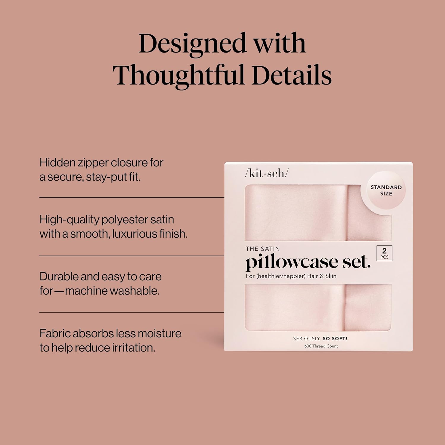 Detalle de Kitsch 62293 Satin Pillowcase Set, 2-Pack, Blush, Zipper Closure, Standard Size