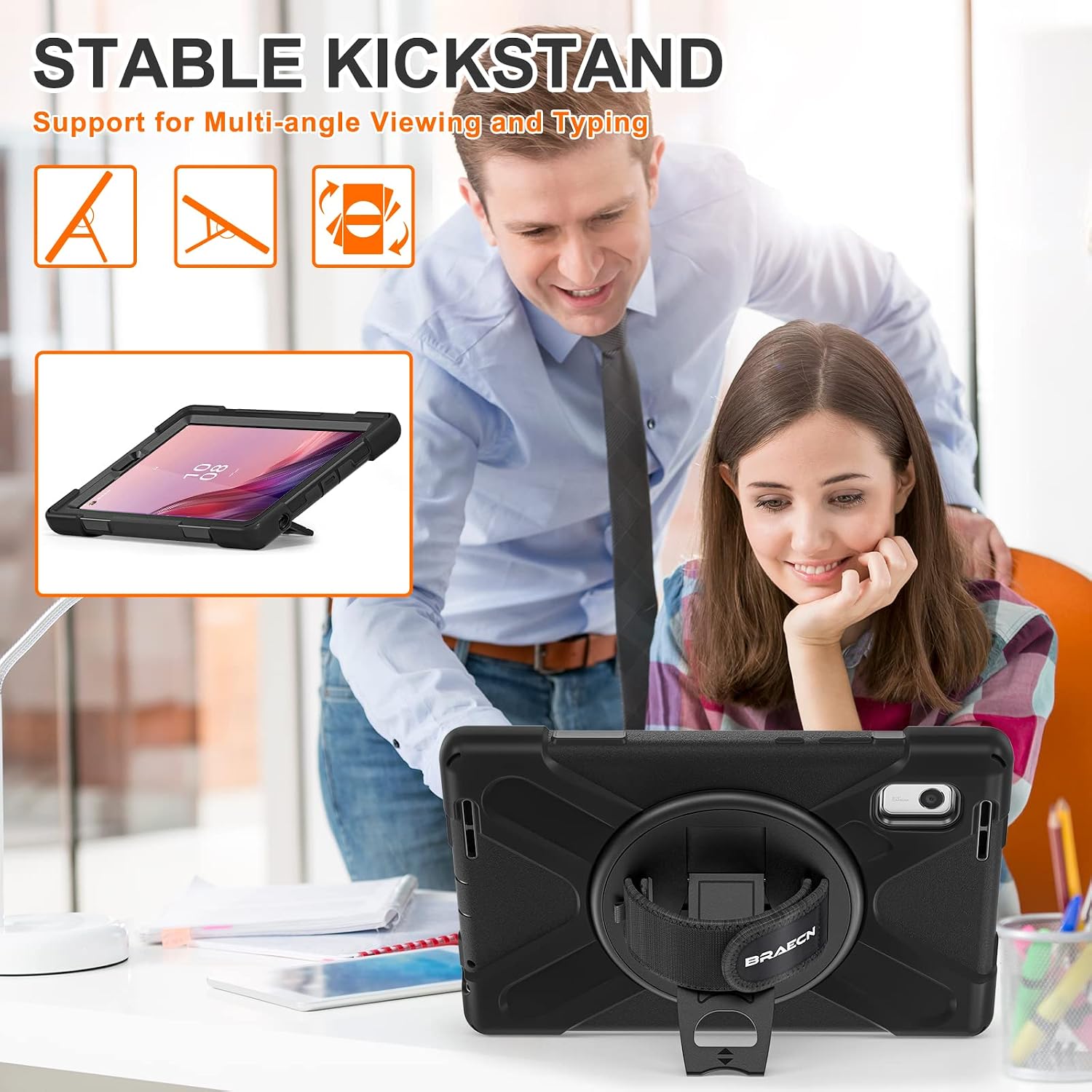 Thumbnail 3 de Coque BRAECN pour Lenovo Tab M9 9 pouces 2023 (TB-310FU) : étui robuste 3 couches avec support 360° et dragonne, noir