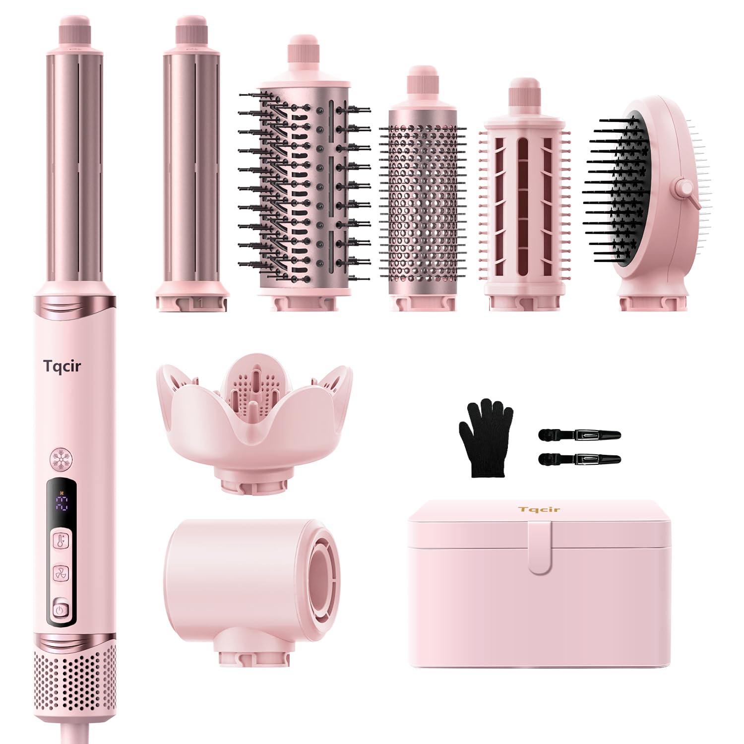 Detalle de Tqcir 8-in-1 Professional Hot Air Styler & Hair Dryer Brush (Pink) with Auto-Wrap Curler + Storage Case
