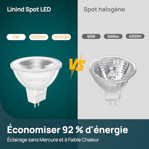 Detalle de Linkind Ampoules LED GU5.3 MR16 12V, 5W équivalent 50W, 2700K, 520 lm – Lot de 5