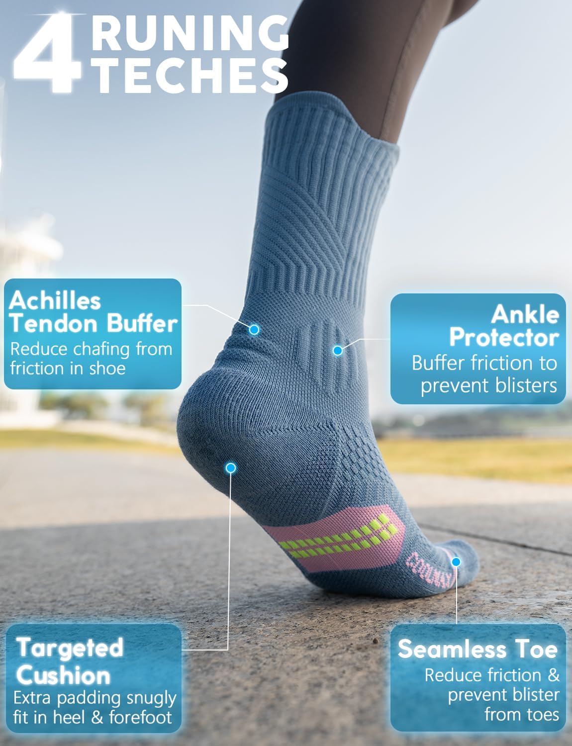 Thumbnail 4 de Juclise Women’s Coolmax Bamboo Compression Running Crew Socks (3 Pairs) – anti-blister cushioned support