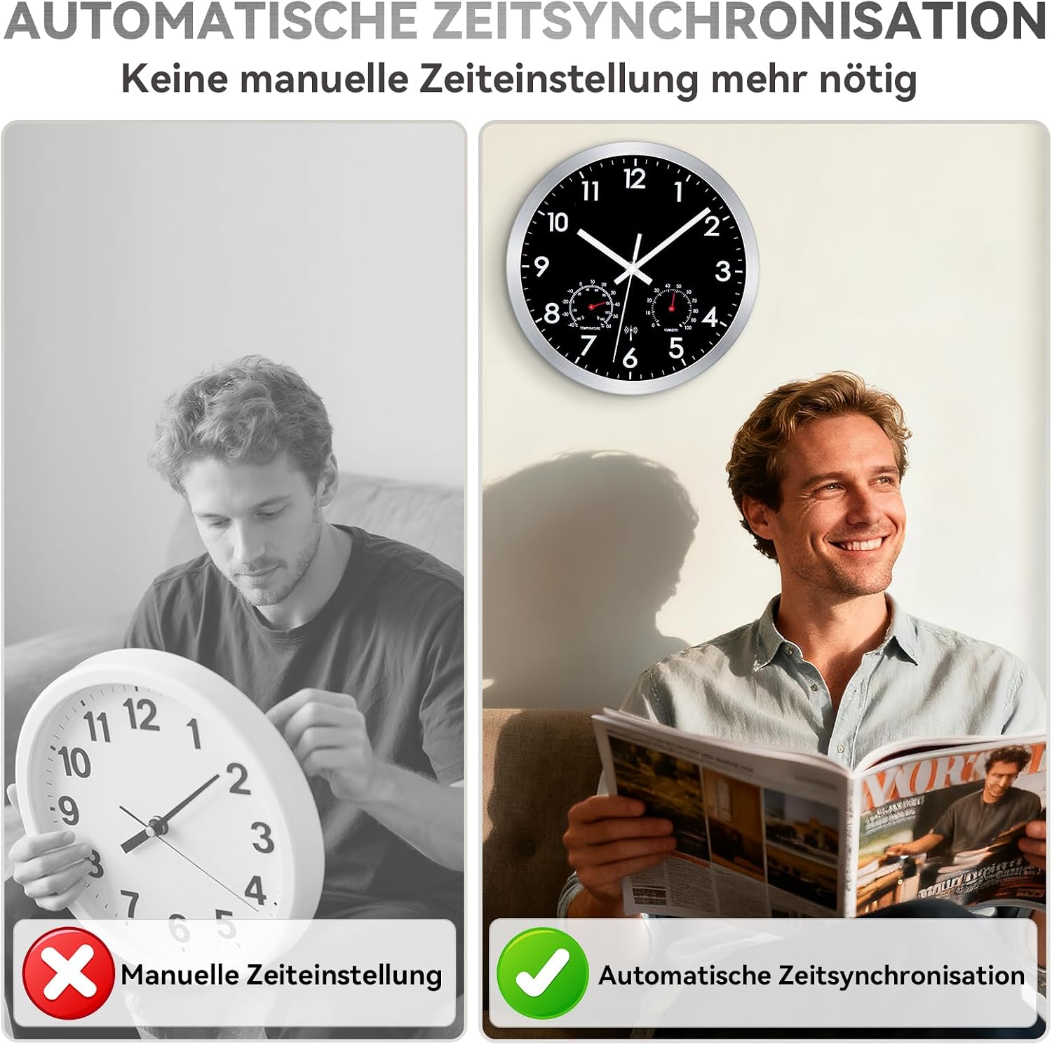 Detalle de Epochic Wanduhr Funk mit Temperatur- und Feuchtigkeitsanzeige – Funkuhr Wand, 25 cm, Schwarz, batteriebetrieben
