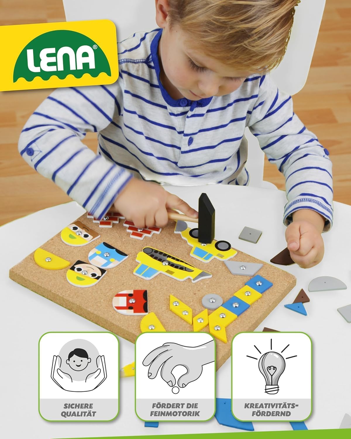 Detalle 2 de Lena 65828 Hammerspiel – Nagelspiel mit 64 bunten Plättchen, Korkplatte 28 × 19,5 cm