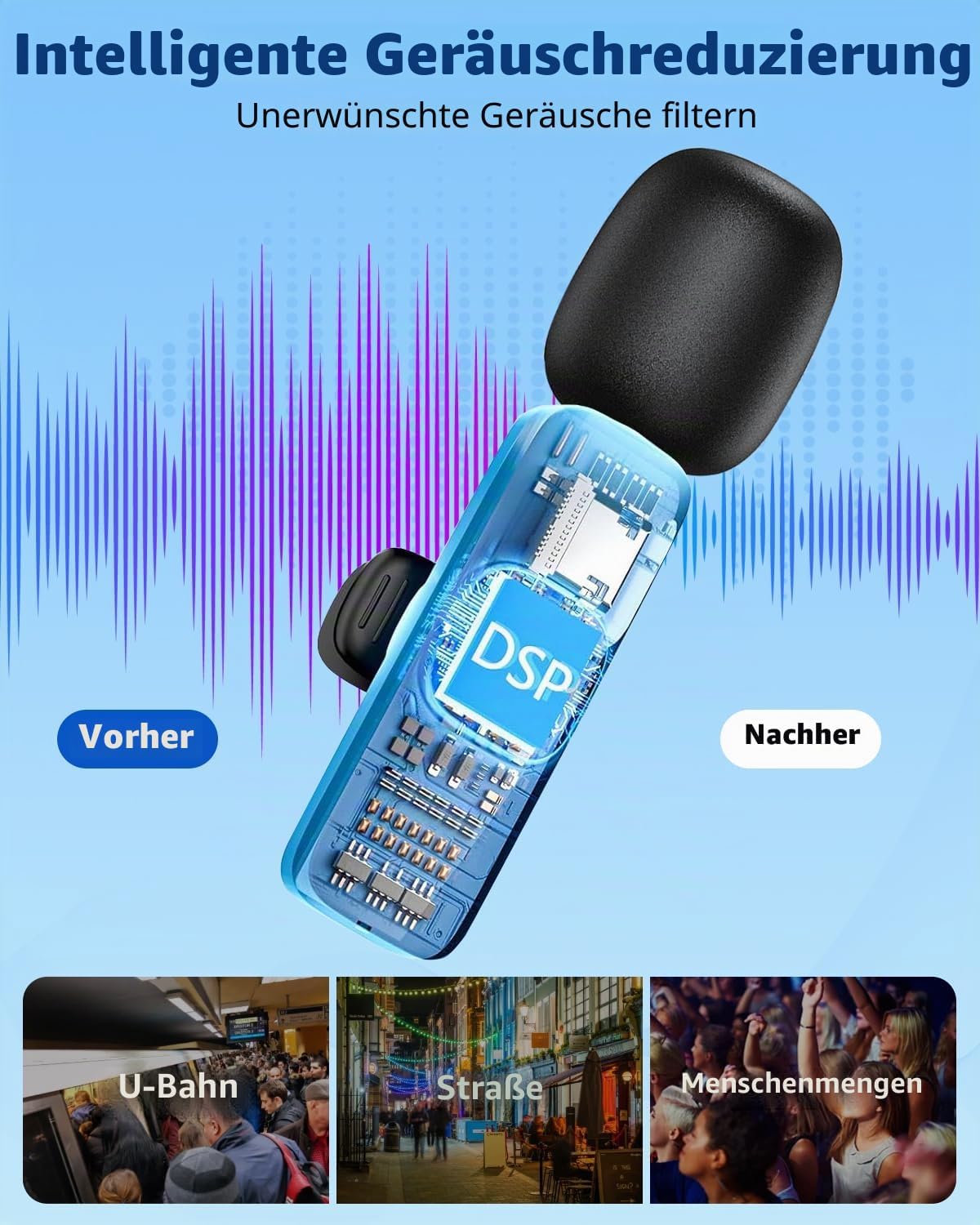 Detalle de HONGJIEYUAN Kabelloses Lavalier-Mikrofon für iPhone & Android – 2-in-1 Laden, 19,8 m Reichweite, 8 h Akku