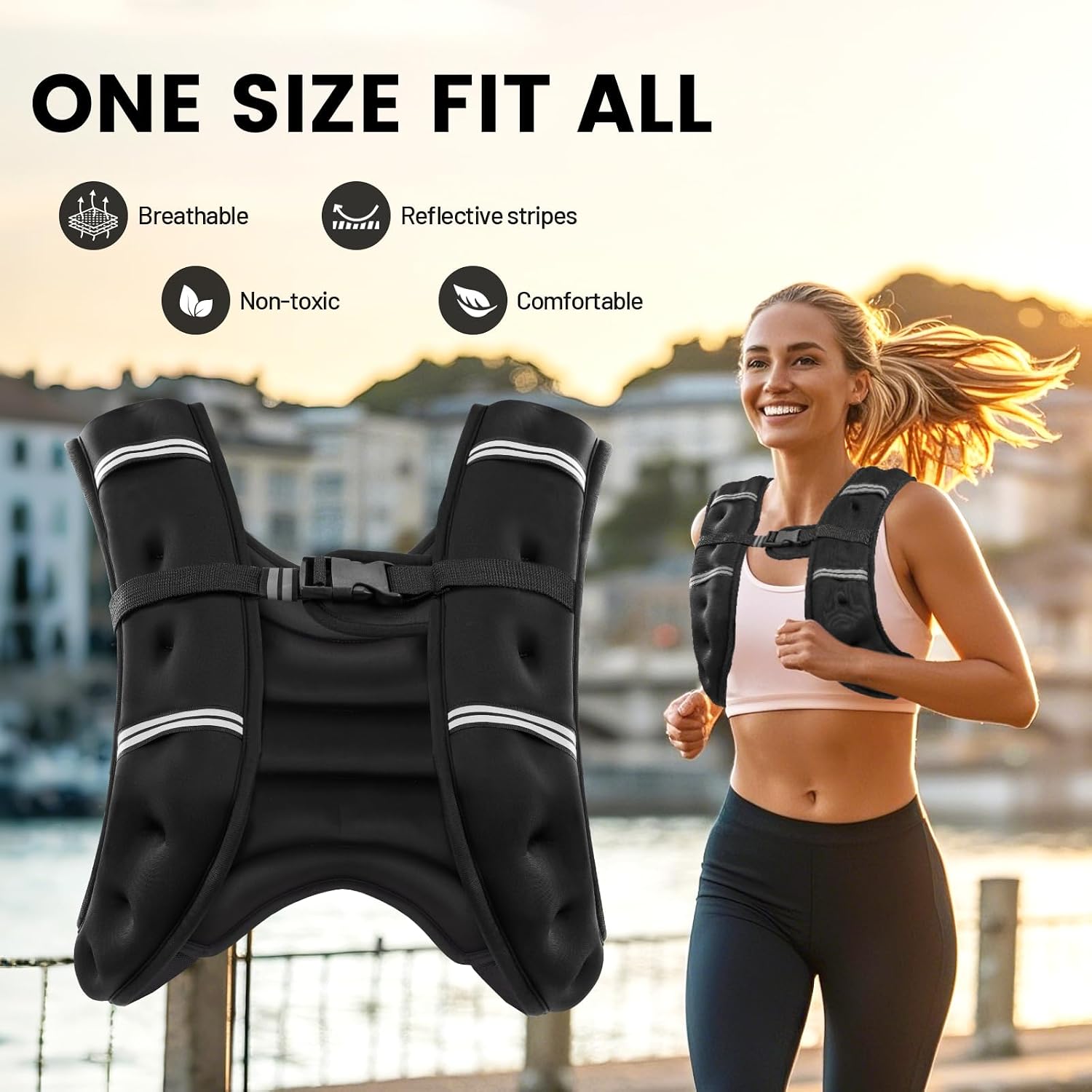 Detalle de Wolliwa Weighted Vest for Men and Women — Adjustable Chest Size, Reflective Stripes, Breathable Fabric (6lb–30lb)