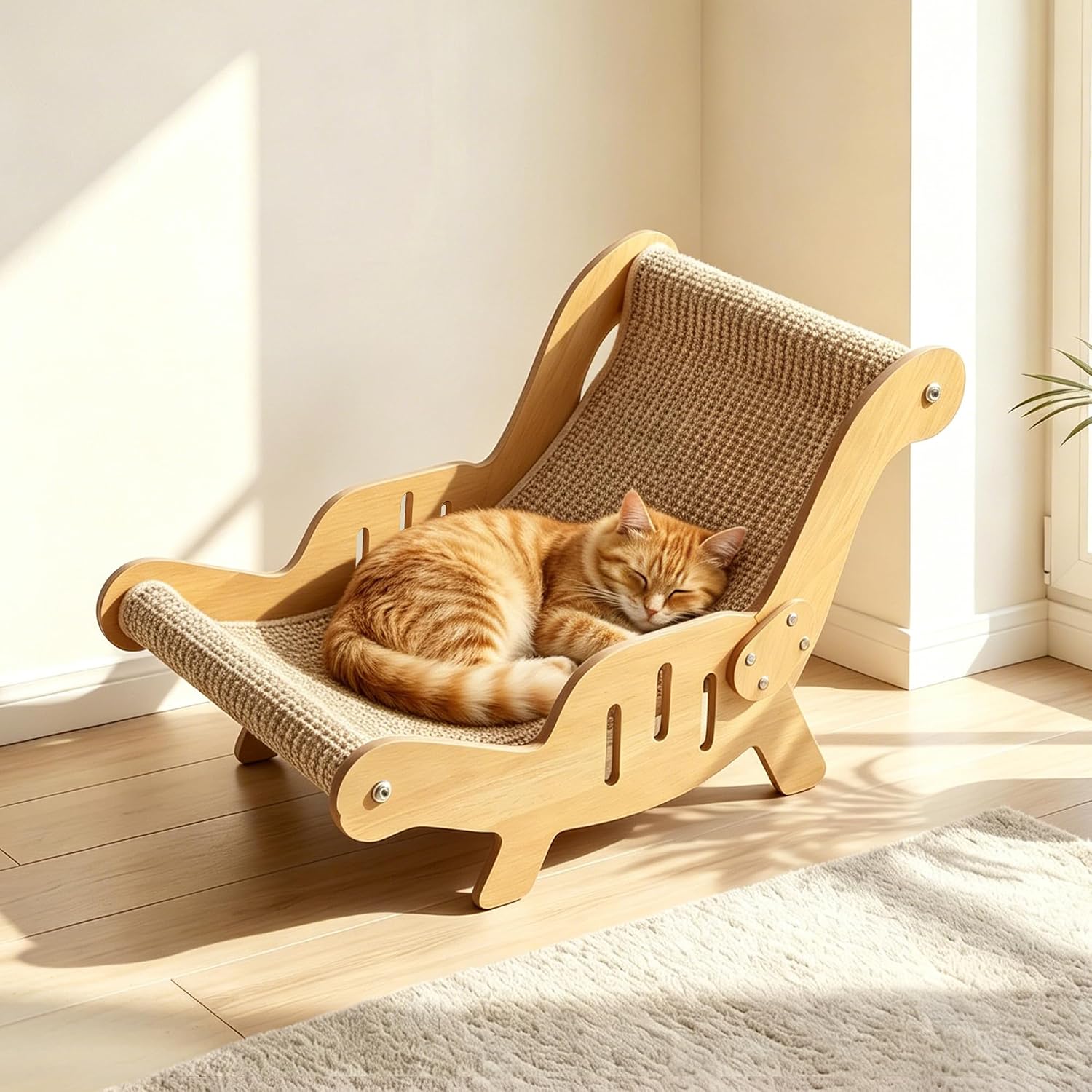 Detalle de Sisal Cat Scratching Board & Beech Wood Lounger: 2-in-1 Cat Scratcher Bed