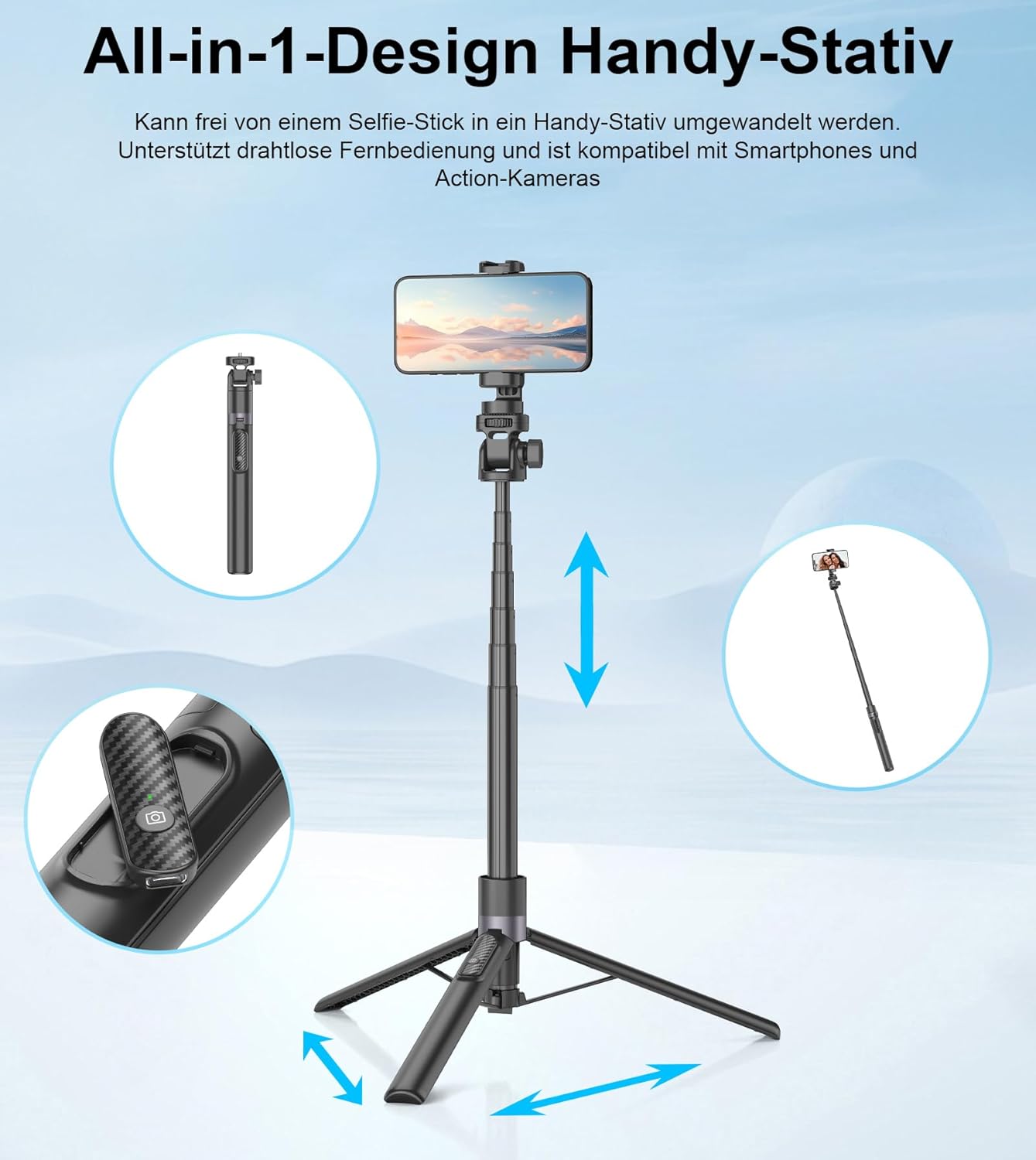 Thumbnail 5 de Gahenwo 173cm Selfie Stick Stativ – All-in-One Stativ mit Fernbedienung für Smartphone und Action-Kamera