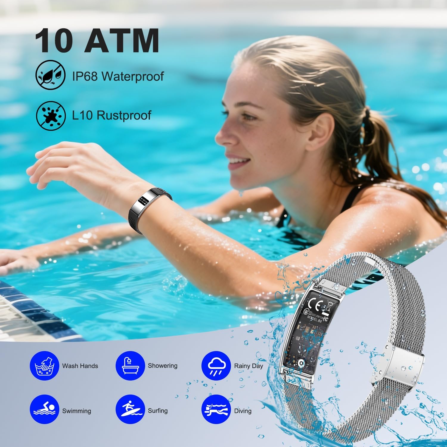 Detalle 2 de Bracelet connecté WeBeqer (femme & homme) — Fitness tracker avec suivi cardio, SpO2 et sommeil, IP68