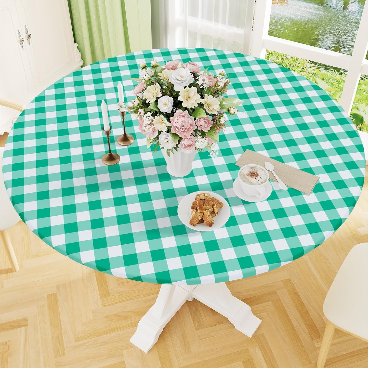 Thumbnail 6 de Smiry Round Picnic Tablecloth — Elastic Waterproof Fitted Vinyl with Flannel Back, Buffalo Plaid (White & Hot Pink), 45-56 inch Tables