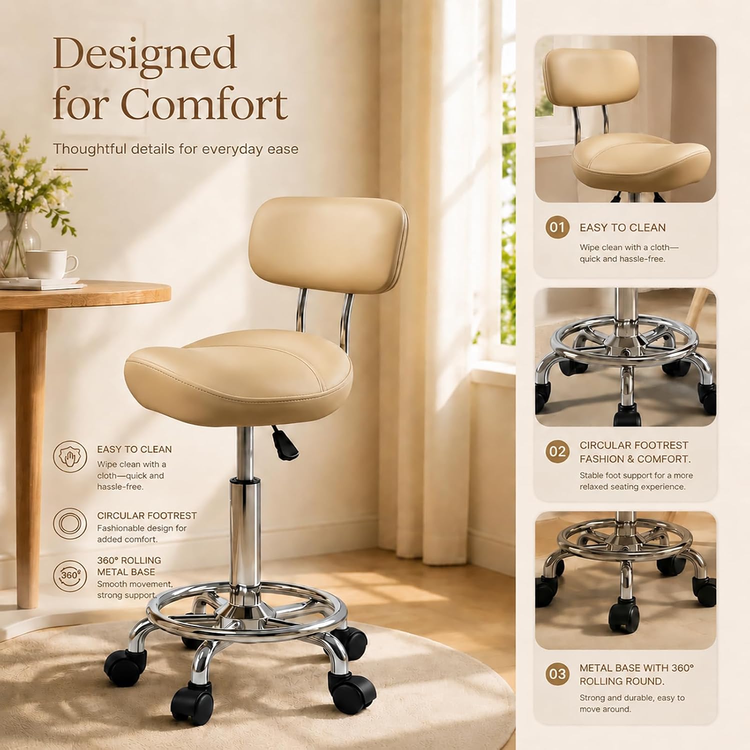 Thumbnail 3 de Walktory MAYCAV3-Backrest-Khaki Saddle Stool with Back, Adjustable Height