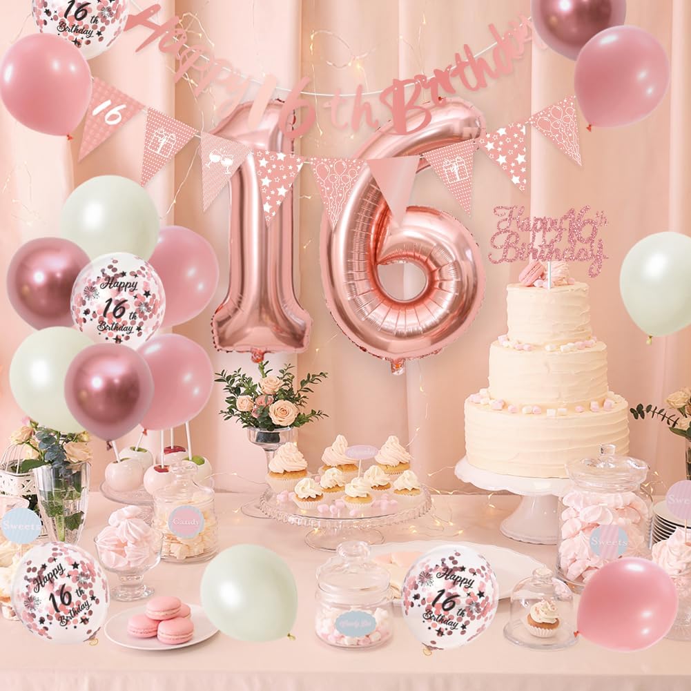 Thumbnail 5 de 16th Birthday Decorations Retro Pink Rose Gold set (Double Digits) – banner, pennant flags, cake topper & balloon assortment