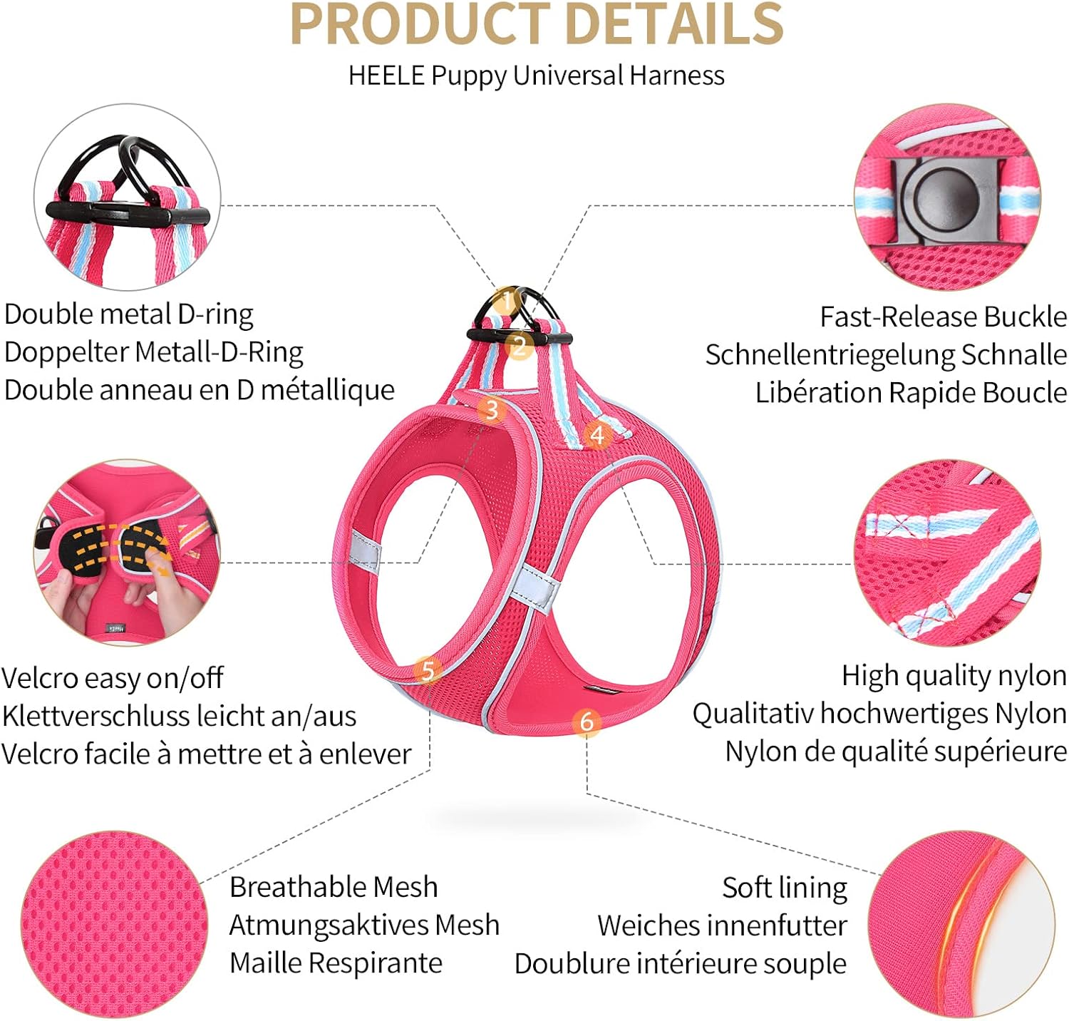 Detalle 2 de HEELE Geschirr Hund Klein – verstellbares Air Mesh Hundegeschirr, reflektierend, XS, Rosenrot