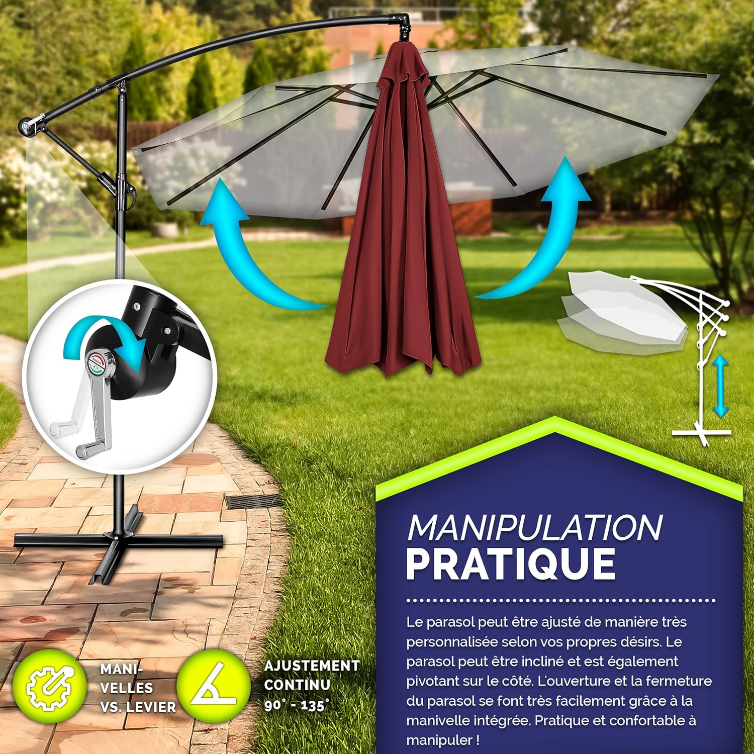 Thumbnail 2 de tillvex Parasol déporté hexagonal 3 m avec manivelle : protection UV pour jardin, terrasse ou marché