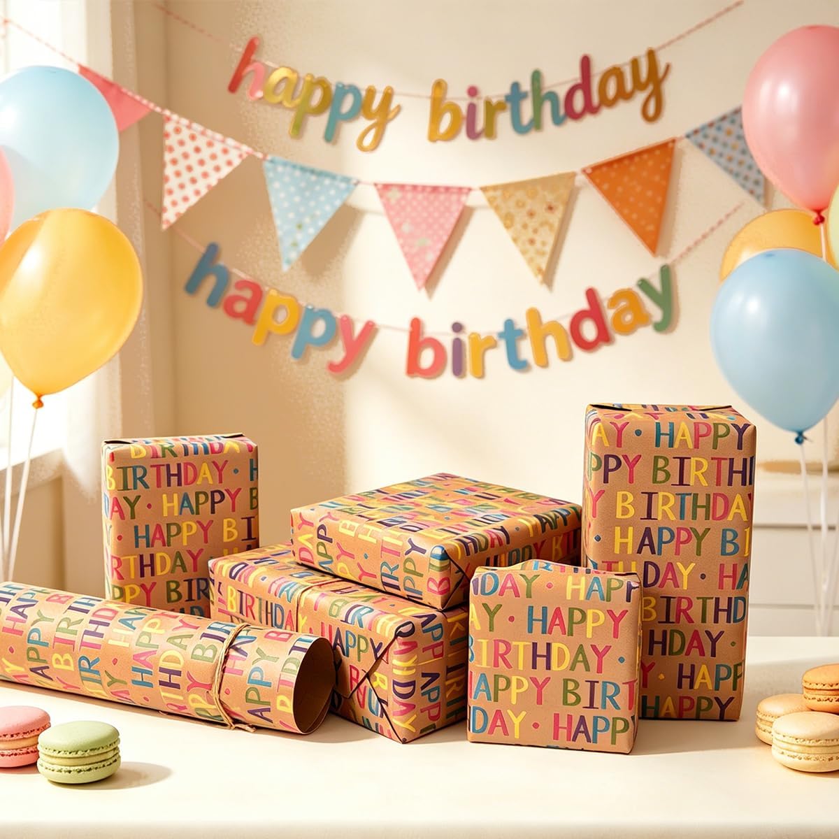 Thumbnail 5 de HBell Birthday Wrapping Paper Roll 43cm x 10m – Kraft card with gridlines and colourful Happy Birthday design