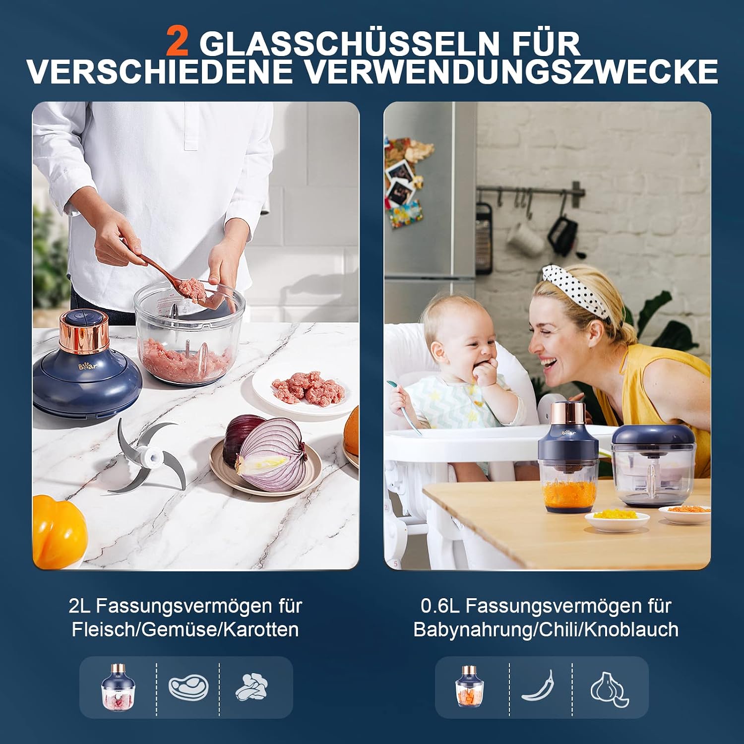 Detalle de Bear hachoir électrique 0,6 l + 2 l avec bol en verre, 2 vitesses et 4 lames acier inoxydable
