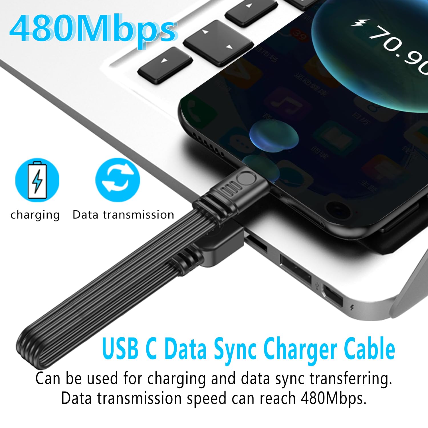 Thumbnail 2 de LANMINGLEL Short 90 Degree USB Type-C 2.0 Flat Cable (50cm) – PD 65W, Fast Charge & Data Sync