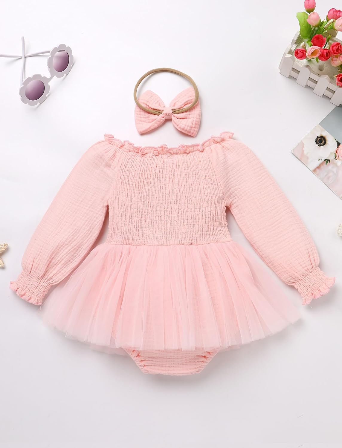 Thumbnail 1 de EFOGEP Baby Girls First Birthday Outfit: Princess Long Puff Sleeve Tulle Dress & Bowknot Headband 2-Piece Set