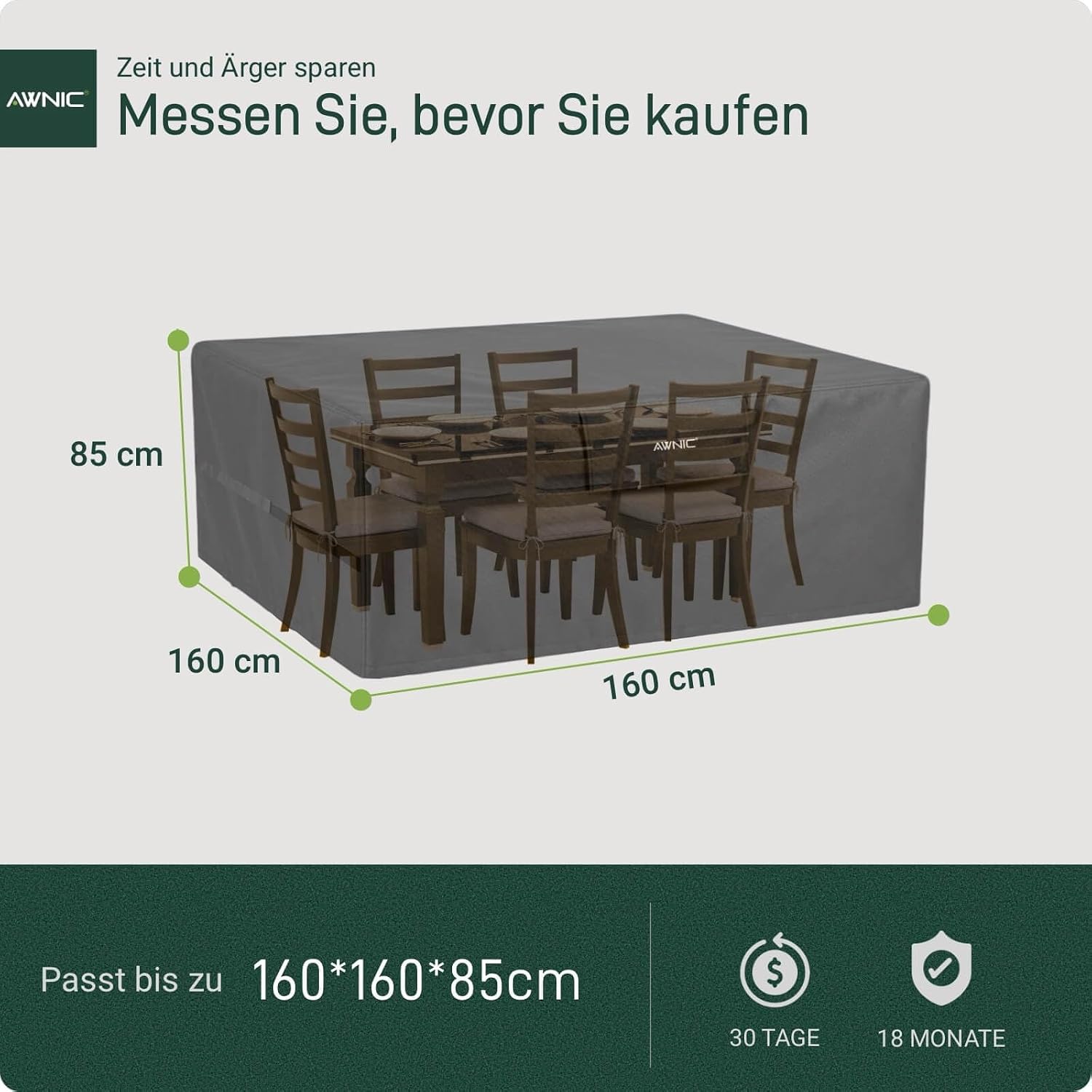 Detalle de AWNIC T160-2D Garden Furniture Cover, Waterproof 420D Oxford, Black, 160 x 160 x 85 cm