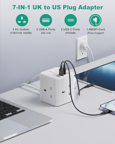 Detalle 2 de ROOTOMA UK to US Plug Adaptor 3 Way with 4 USB Fast Chargers (QC3.0/PD20W)