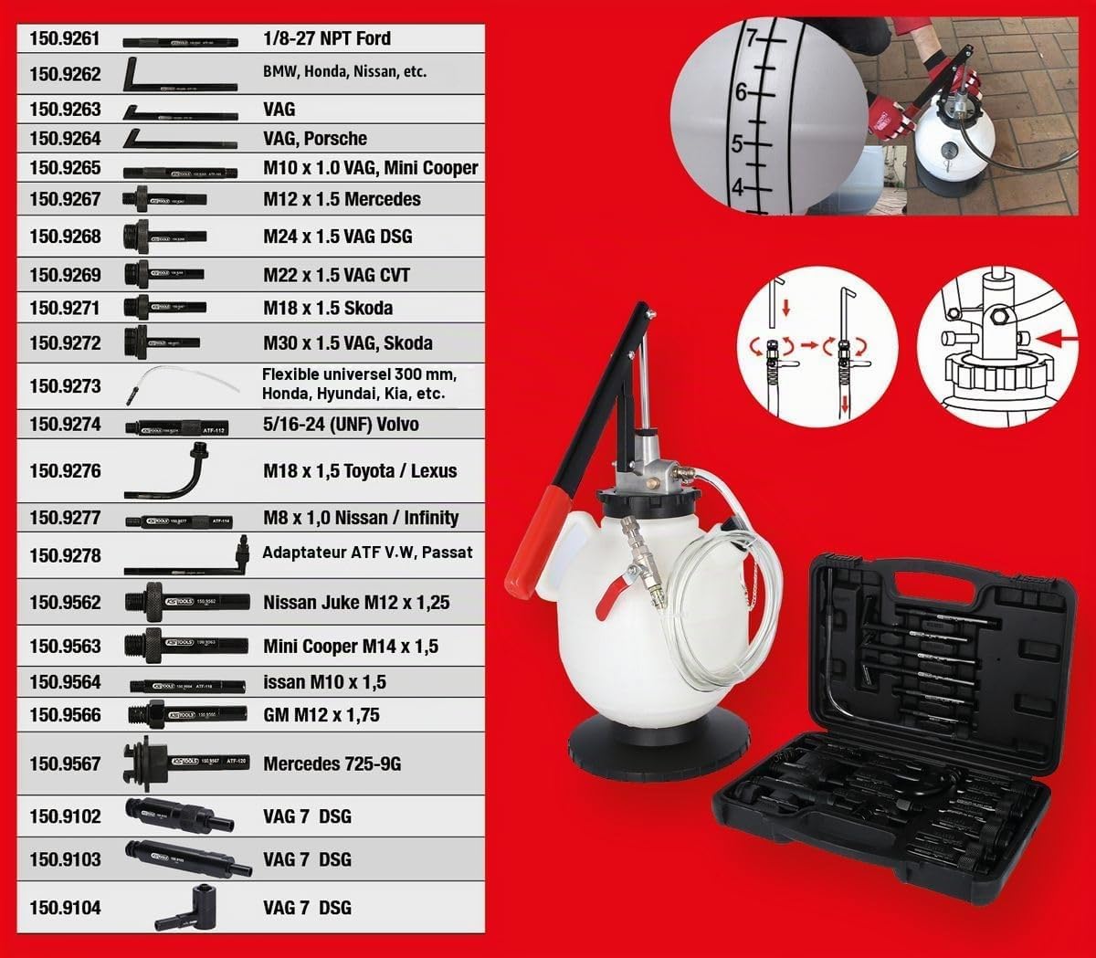 Detalle de KS Tools 150.9105 universele transmissieolievulset met 23 adapters