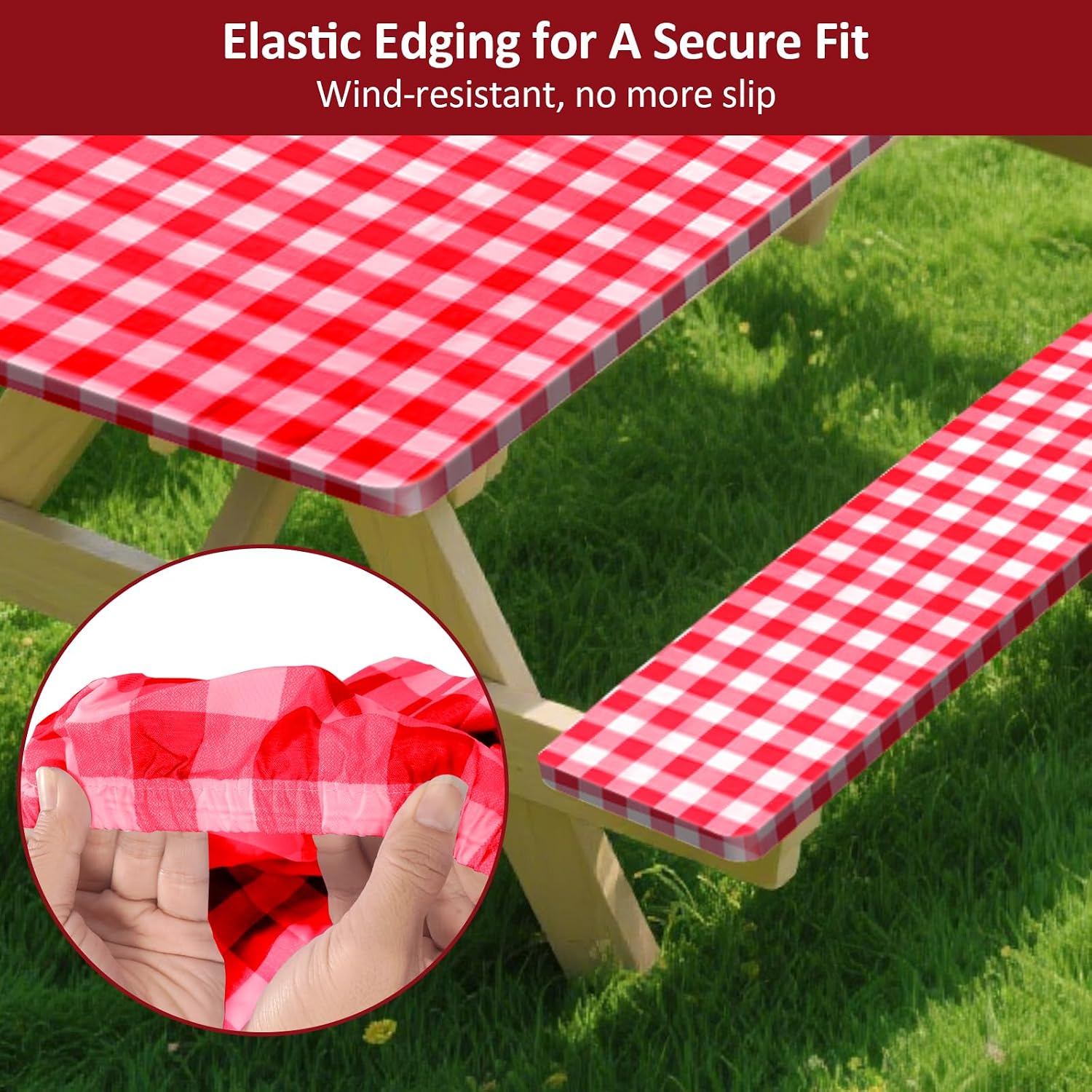 Detalle 2 de KENOBEE 72in Picnic Table and Bench Cover Set, Red-White Checkered