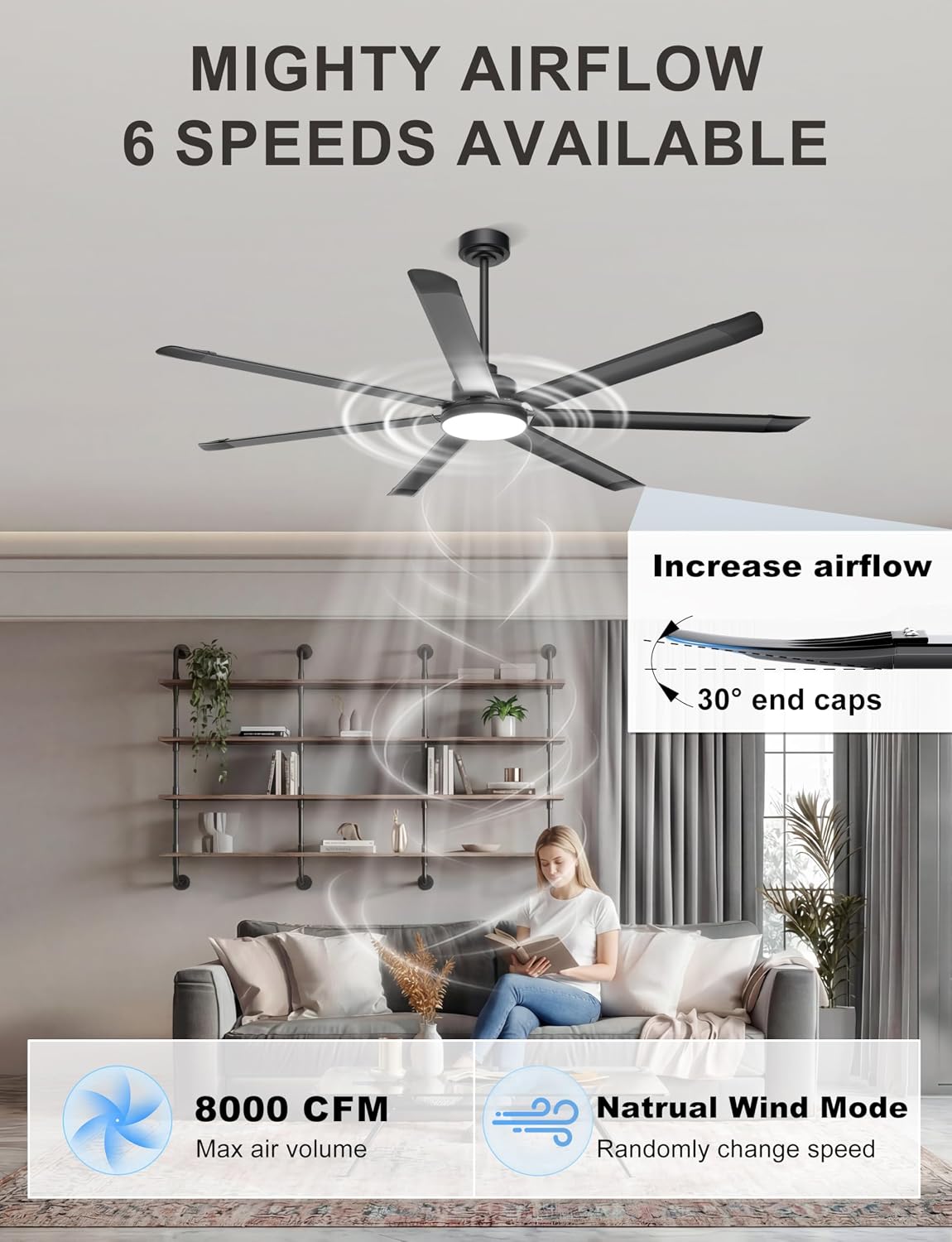 Detalle 2 de Ohniyou GLX121 72-Inch Industrial Ceiling Fan with Light, 7 Blades, App Control