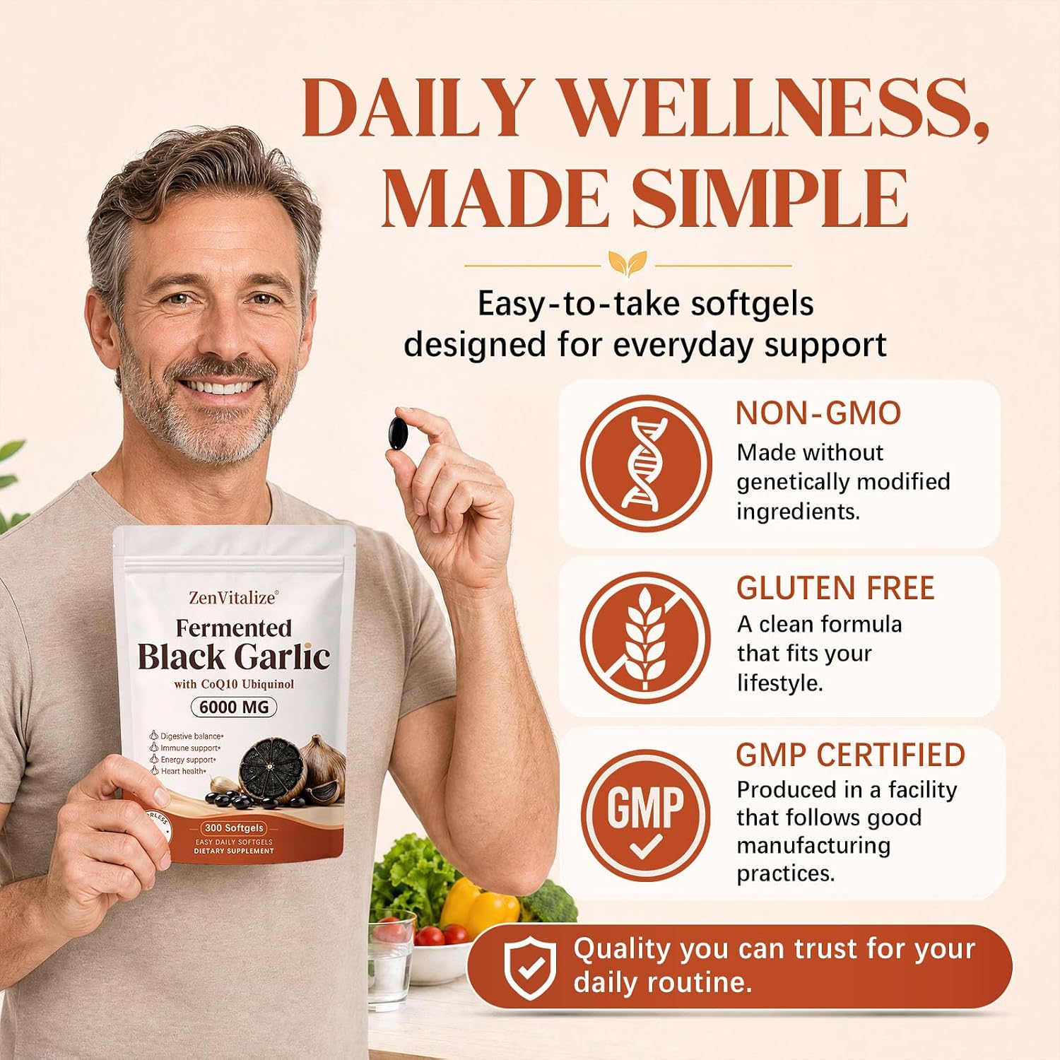 Detalle 2 de ZenVitalize JKM-007 Aged Fermented Black Garlic Softgels, CoQ10, Ubiquinol & K2 MK-7, 300 Count