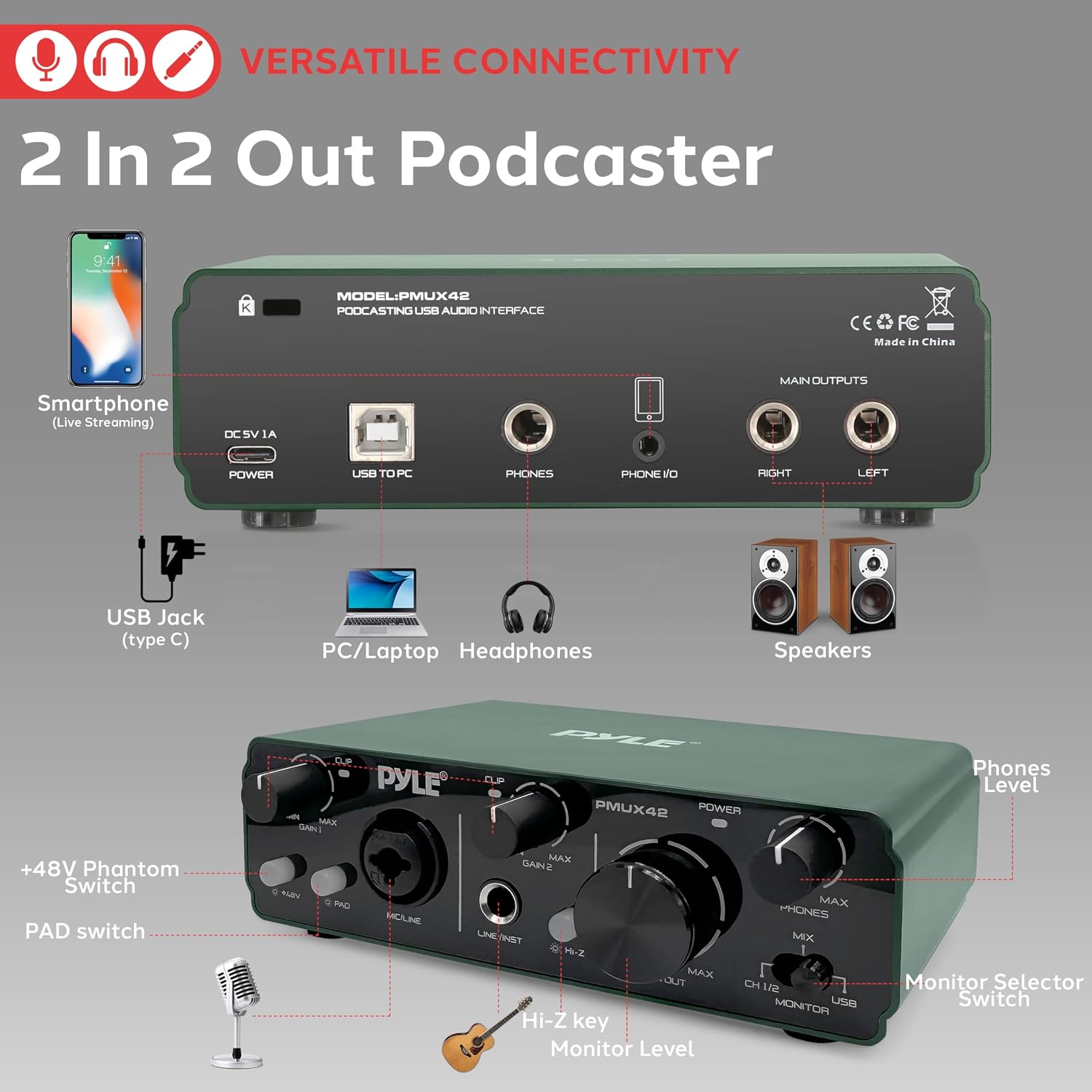 Thumbnail 5 de Pyle PMUX42 USB Audio Interface, 2-In/2-Out, 24-Bit/192 kHz, 48V Phantom Power