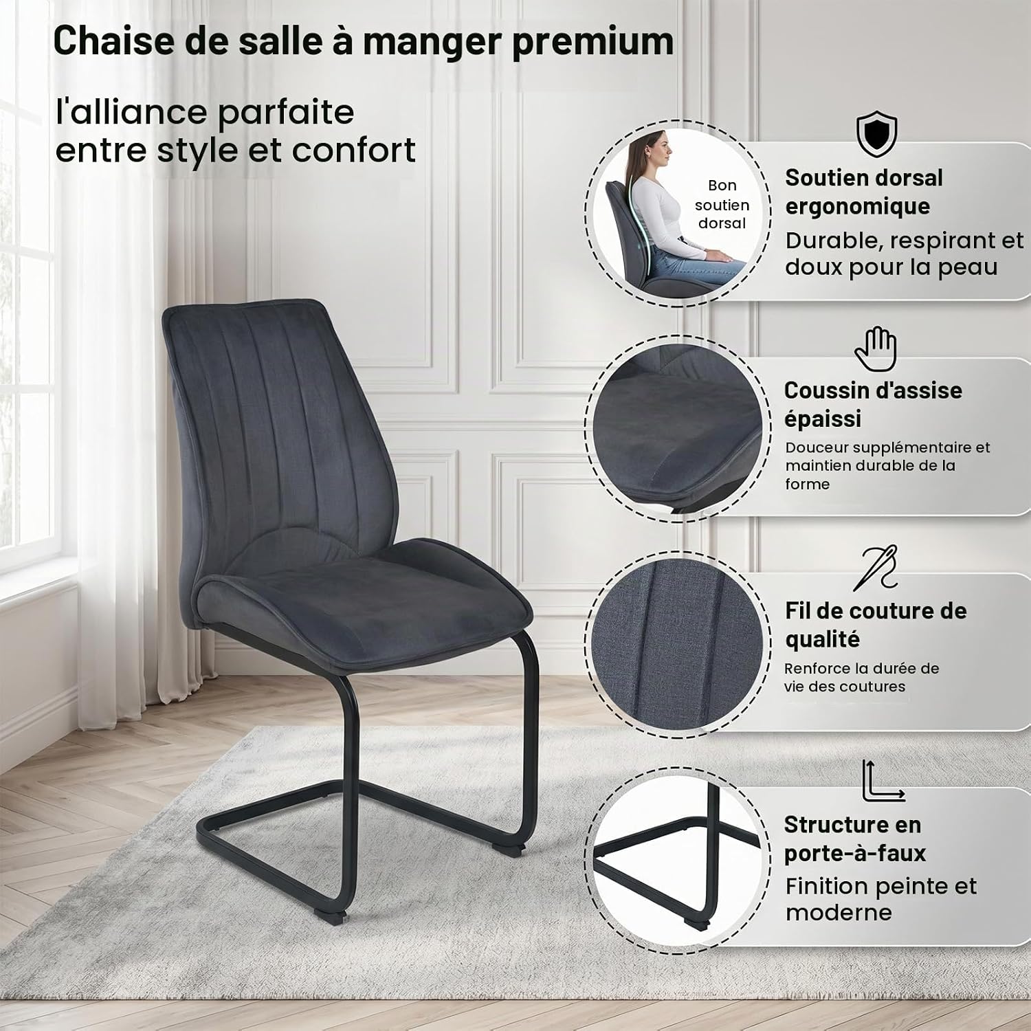 Detalle 2 de JIEXI N625P309525G eetkamerstoelen, set van 2 in donkergrijze stof