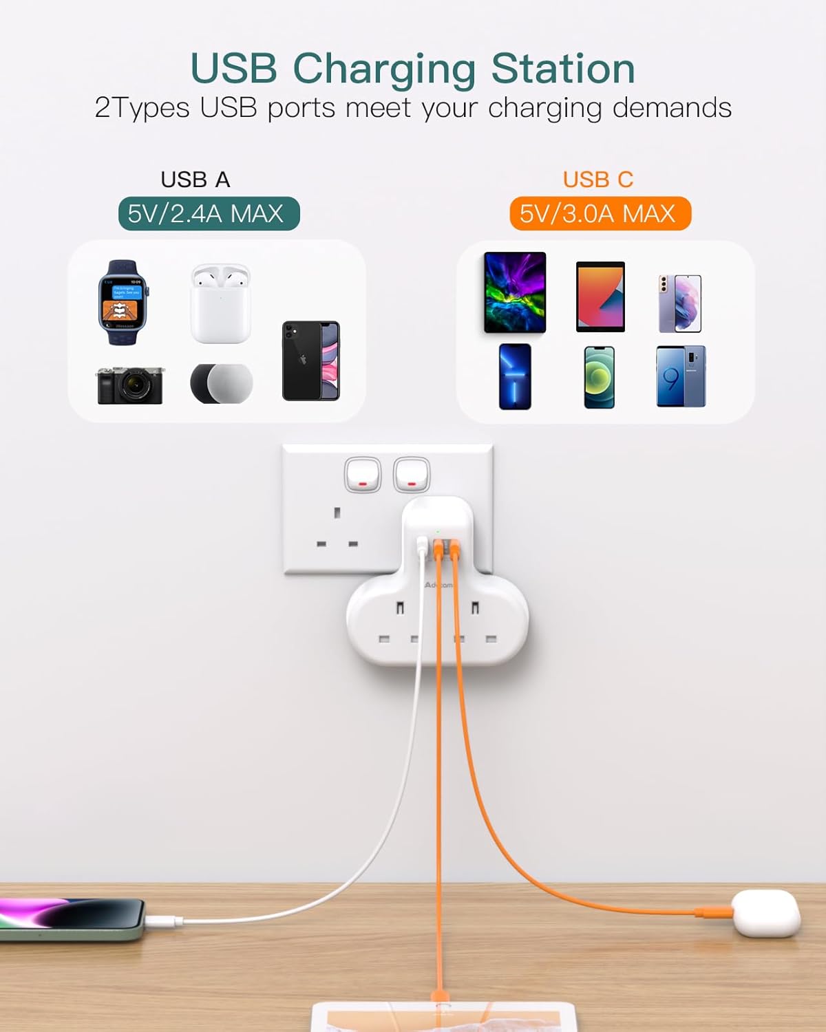 Thumbnail 2 de Addtam Double Plug Extension 13A with USB ports 🔌