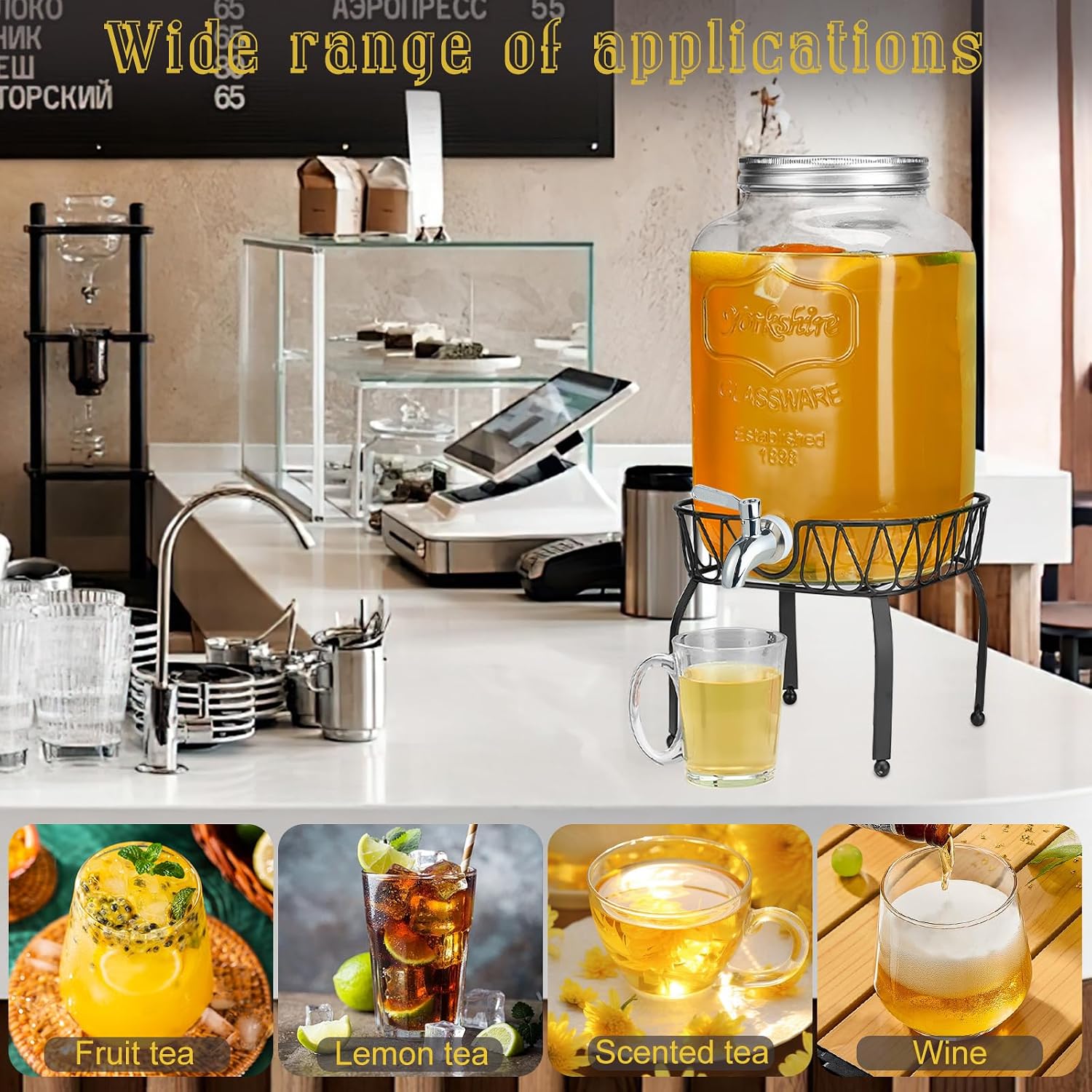Detalle de JUSJAHLY JUSJAHLY-003 2-Gallon Glass Beverage Dispenser with Stand and Stainless Steel Spigot