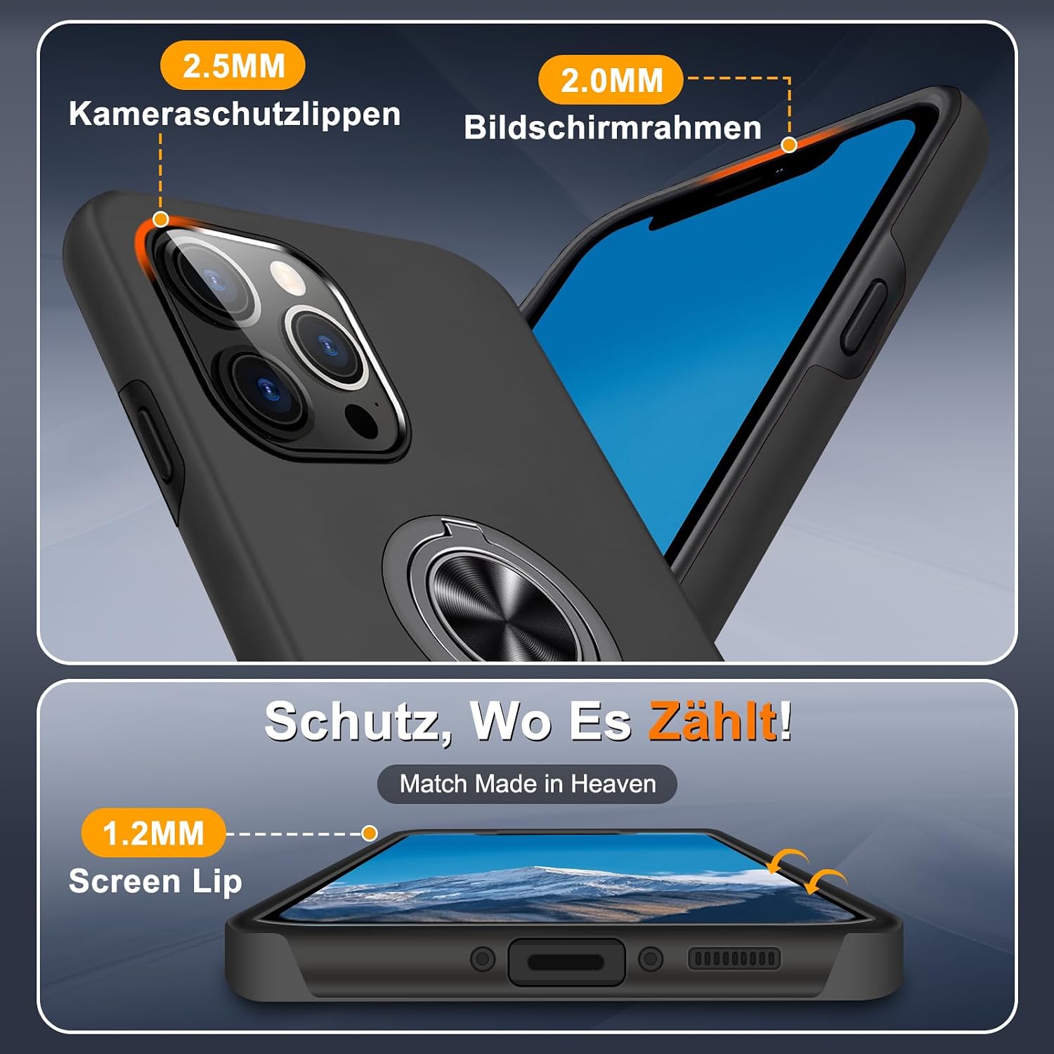 Detalle de Vaki Handyhülle für iPhone 13 Pro mit 360° Magnet-Ringständer und Schutzfolie (Schwarz)
