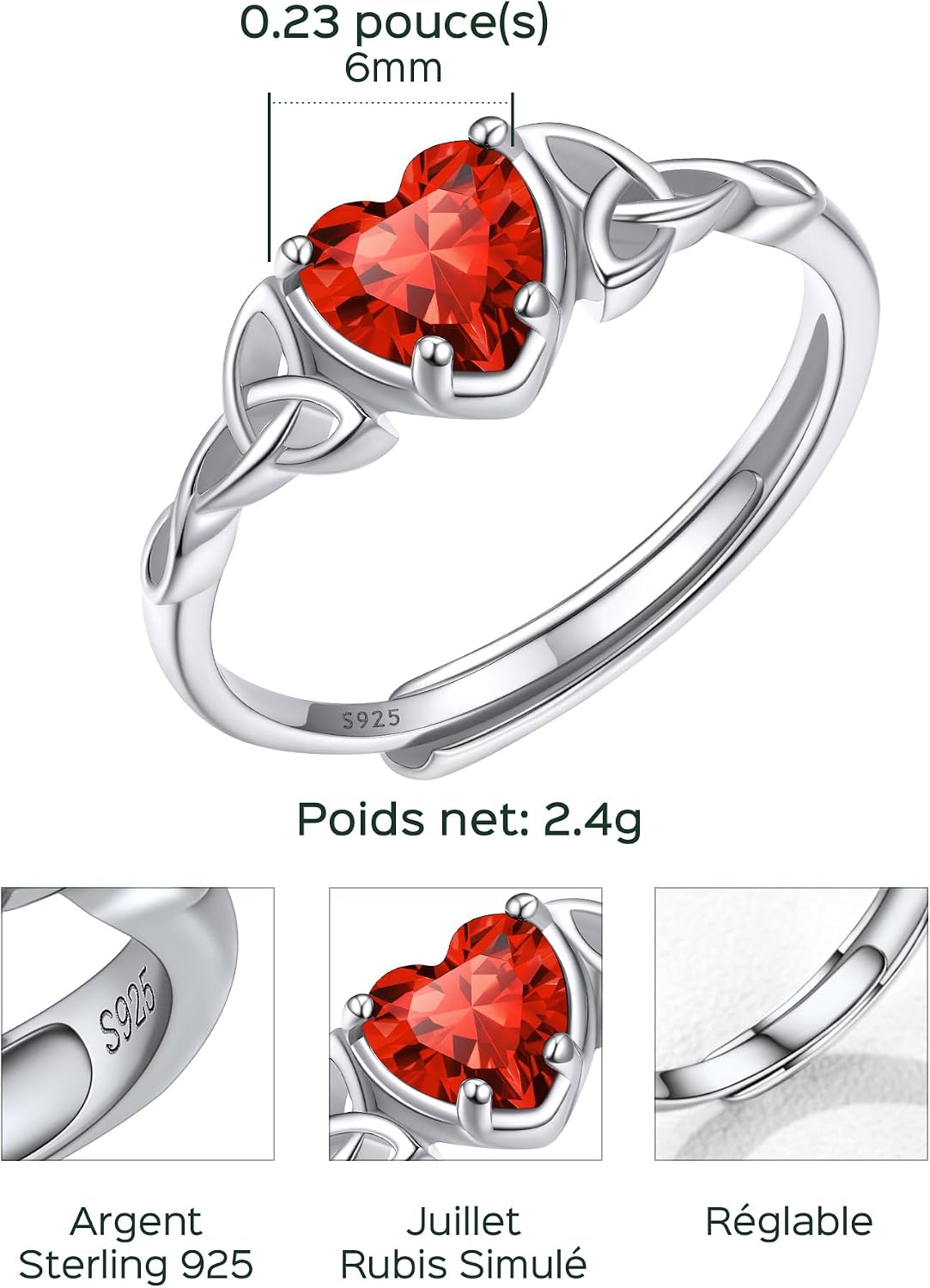 Detalle de ChicSilver Bague femme argent réglable à nœud celtique et pierre cœur