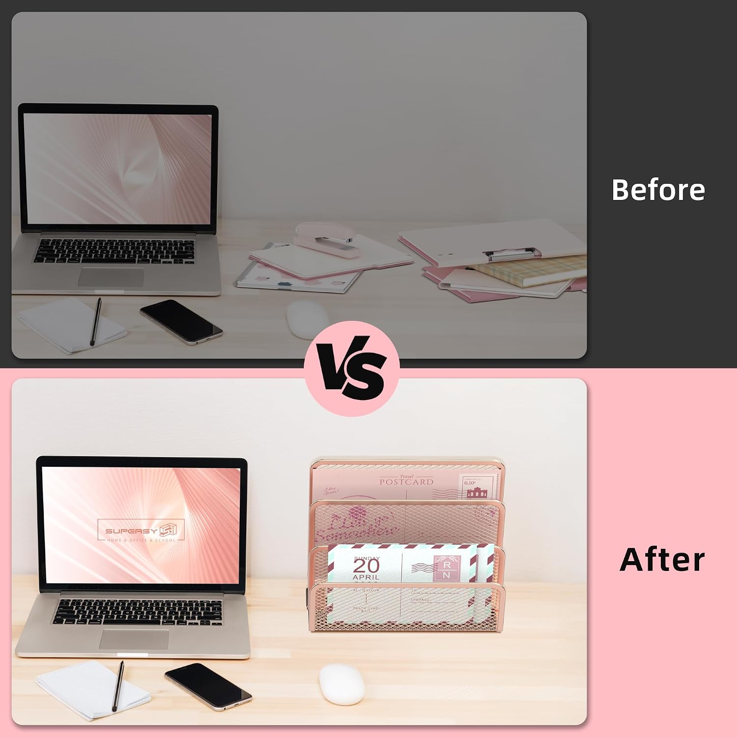 Thumbnail 6 de SUPEASY Rose Gold Metal Mesh Mail Organizer, 3-Slot Countertop Holder