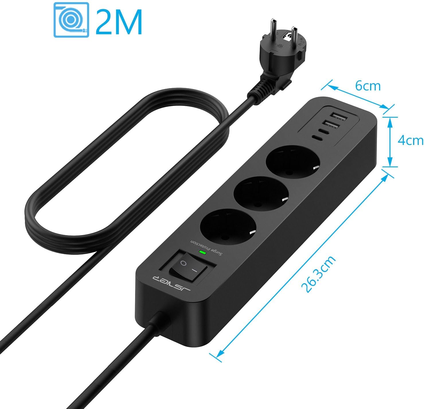 Detalle 2 de Multipresa JSVER 7 in 1 con adattatore: 3 prese CA, USB-A e USB-C, prolunga 2 m