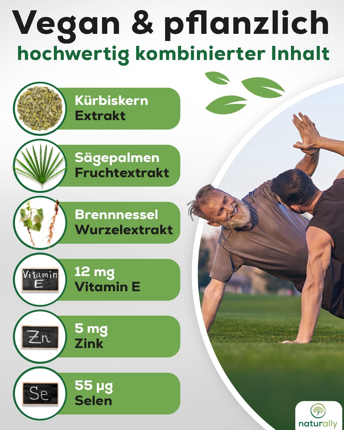 Detalle de Naturally Prostata Komplex Kapseln hochdosiert (120 Stück) – Prostata-Gesundheit mit Kürbiskern, Sägepalme, Brennnessel, Vitamin E, Zink und Selen