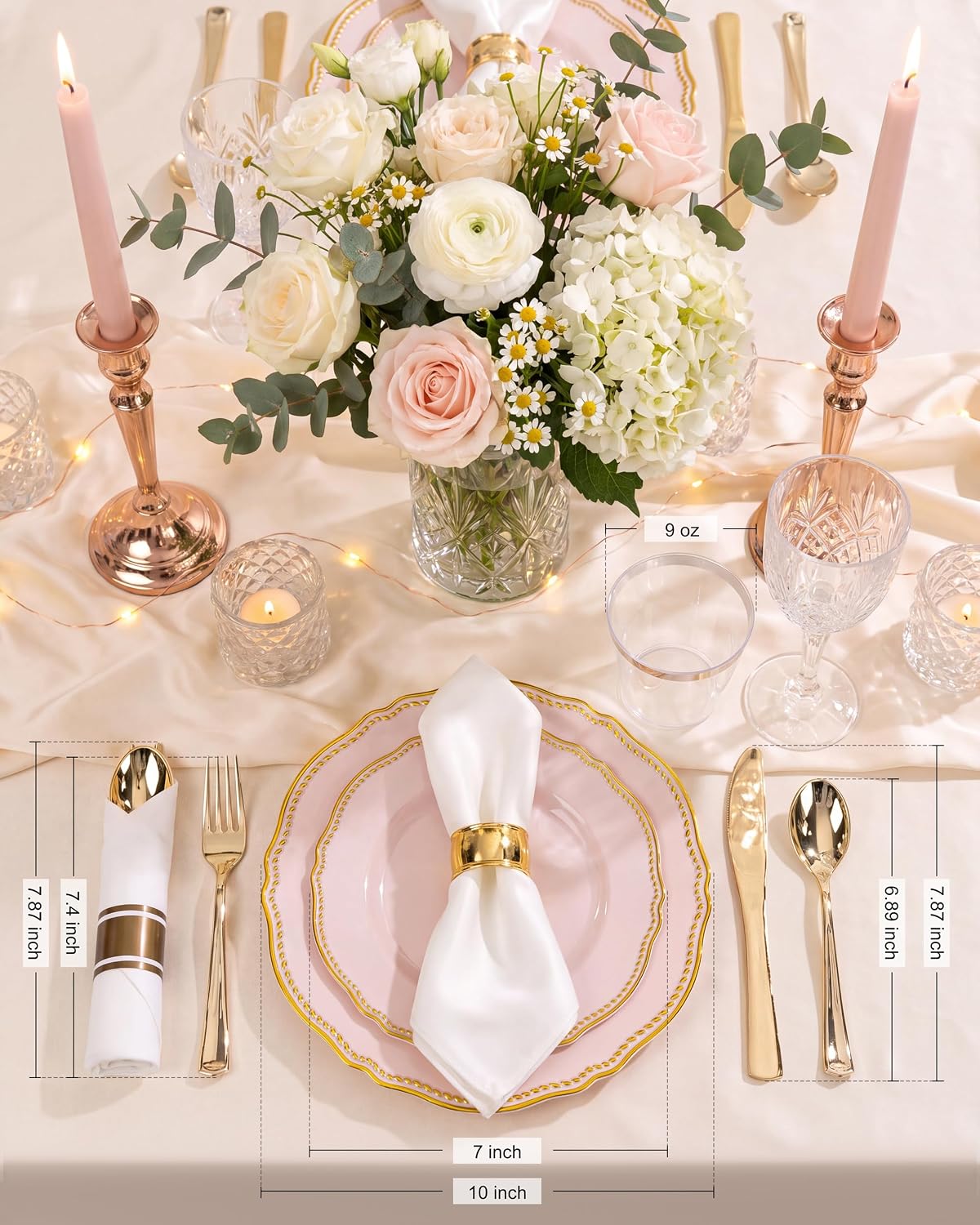 Detalle de Hioasis 350pcs Pink and Gold Plastic Plates Set – Elegant Disposable Dinnerware for 50 Guests