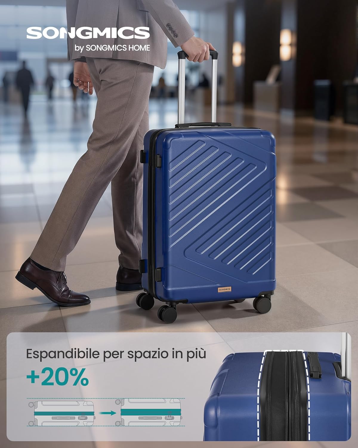 Detalle 2 de SONGMICS Valigia Rigida ABS 65 L con Chiusura TSA, Espandibile, 4 Ruote Doppie, Blu Porto RLP002Q101