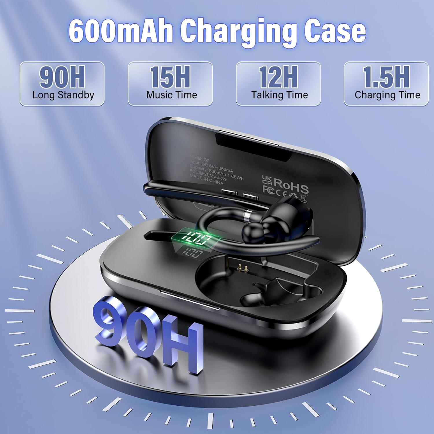 Thumbnail 3 de Bluetooth Headset with 90Hrs, Single-Ear Design, aptX HD, Dual Mics, IPX7 — Ideal for Truckers, Business, and Gym
