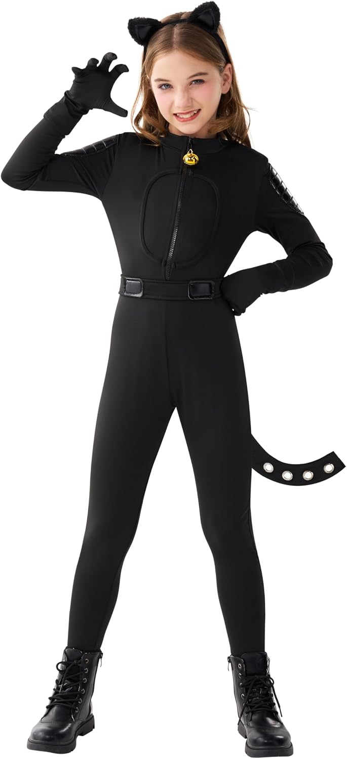 Detalle de Spooktacular Creations Black Cat Costume for Girls with Tail and Front-Zip Bodysuit