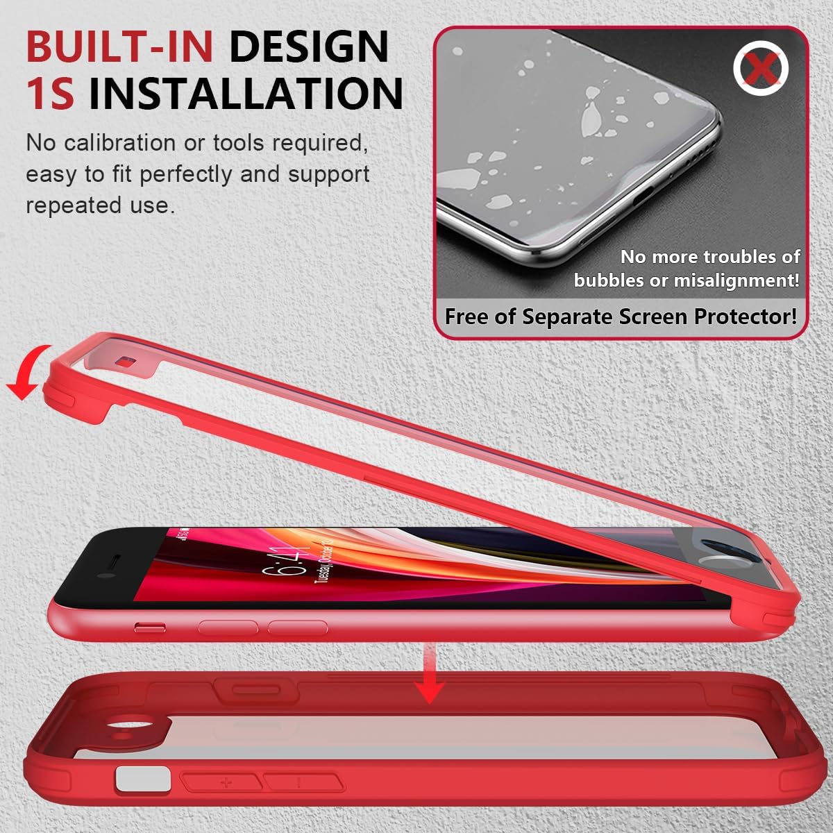 Thumbnail 2 de iPhone SE 2022/2020 Case with Built-in Glass Screen Protector – Red Bumper, Transparent Back
