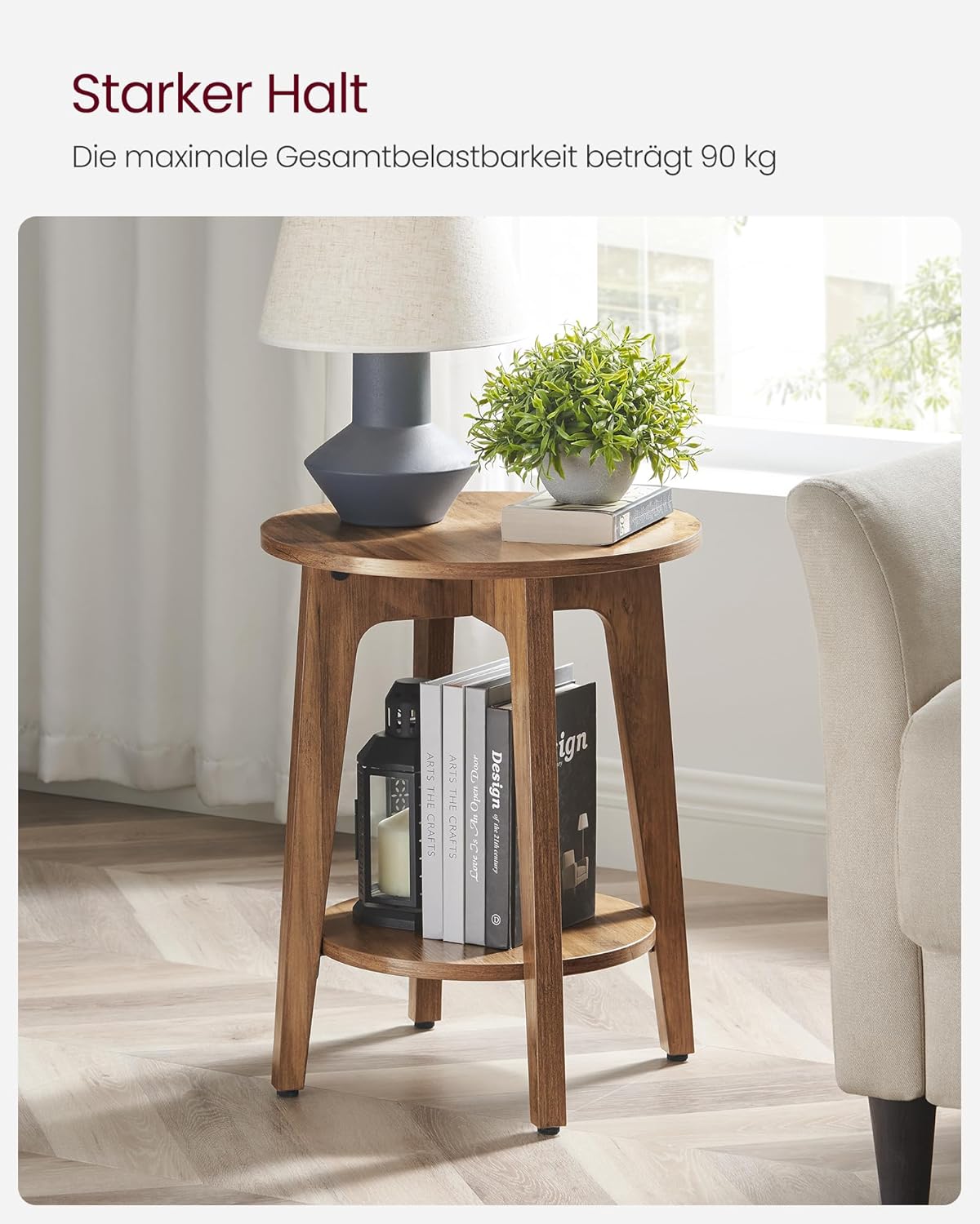 Detalle 2 de VASAGLE Beistelltisch LET283T41 – runder, kompakter Couchtisch in Honigbraun mit Ablage