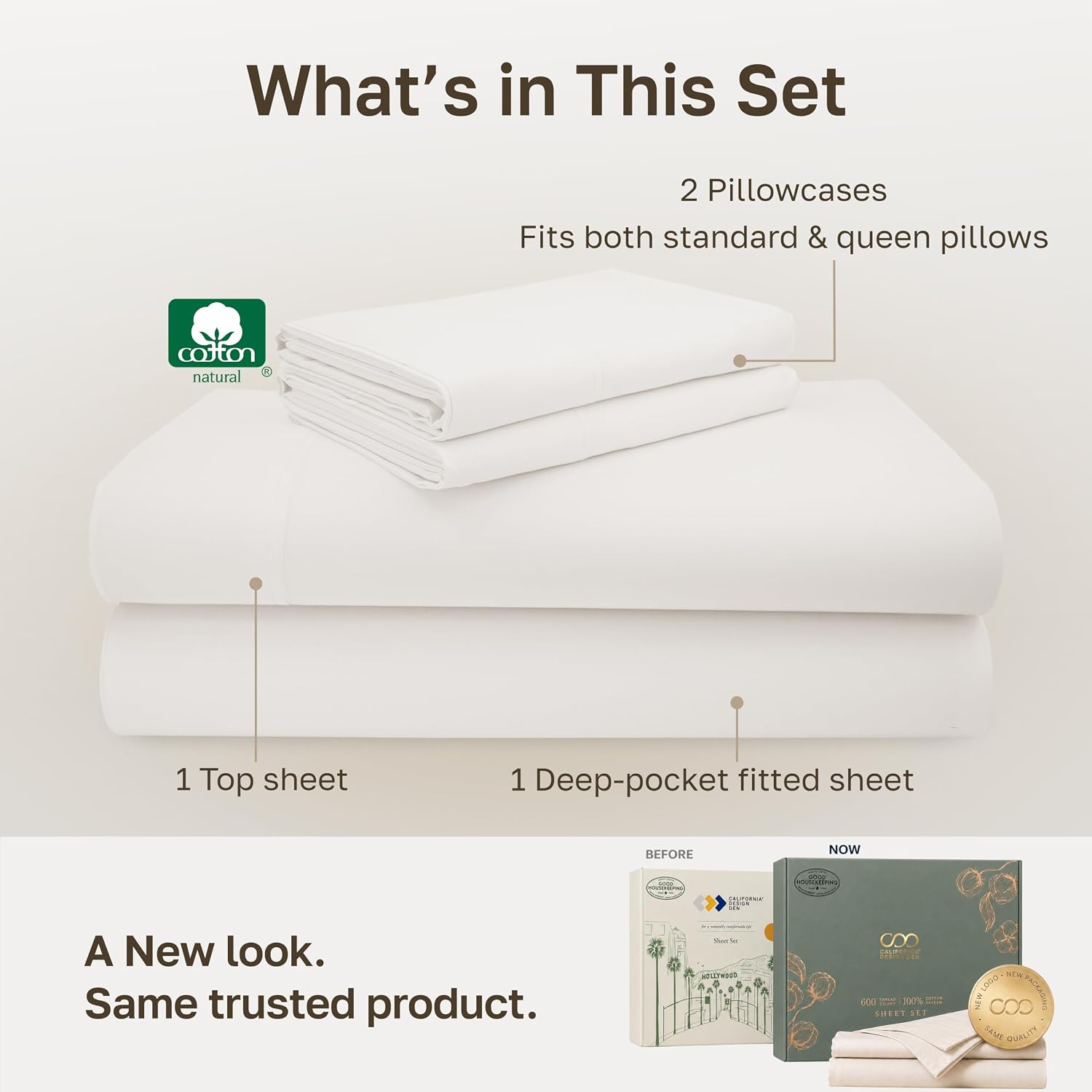 Detalle de California Design Den Queen Sheet Set (True Ivory) — 600-Thread Satin with Deep Pocket Fit