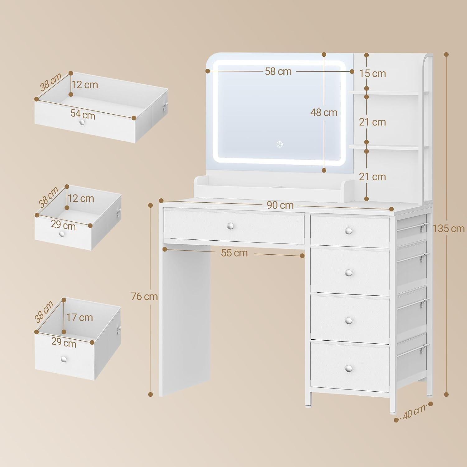 Detalle de Hzuaneri Coiffeuse avec éclairage LED et grand miroir HD — 5 tiroirs et 2 étagères