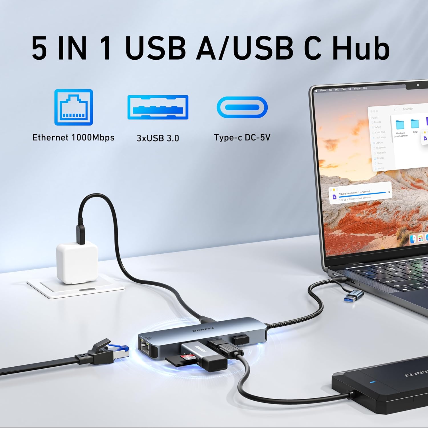 Detalle 2 de BENFEI Adaptador USB-C a Gigabit Ethernet 1 Gbps